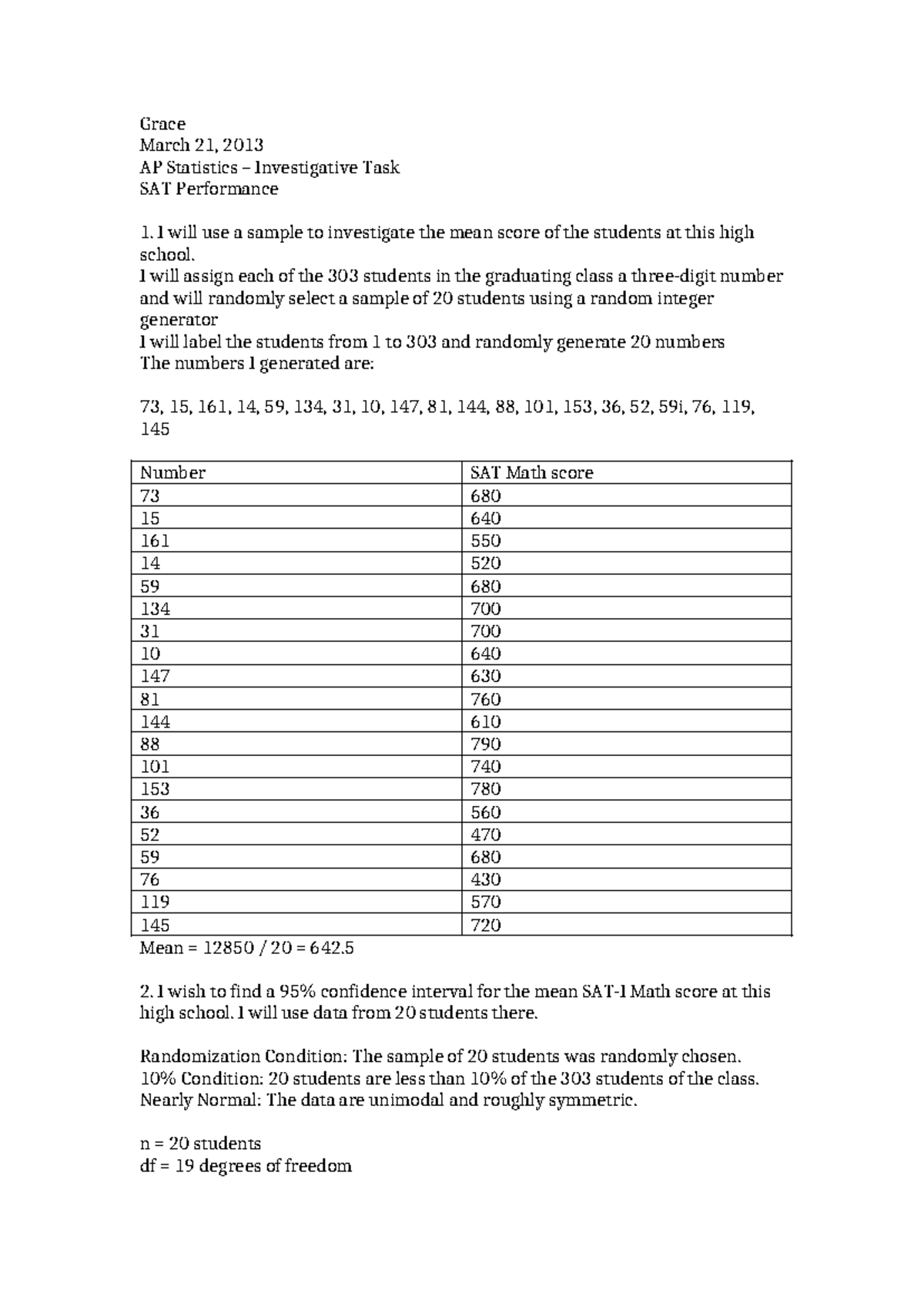 AP Statistics Investigative Task SAT Per - Grace March 21, 2013 AP ...