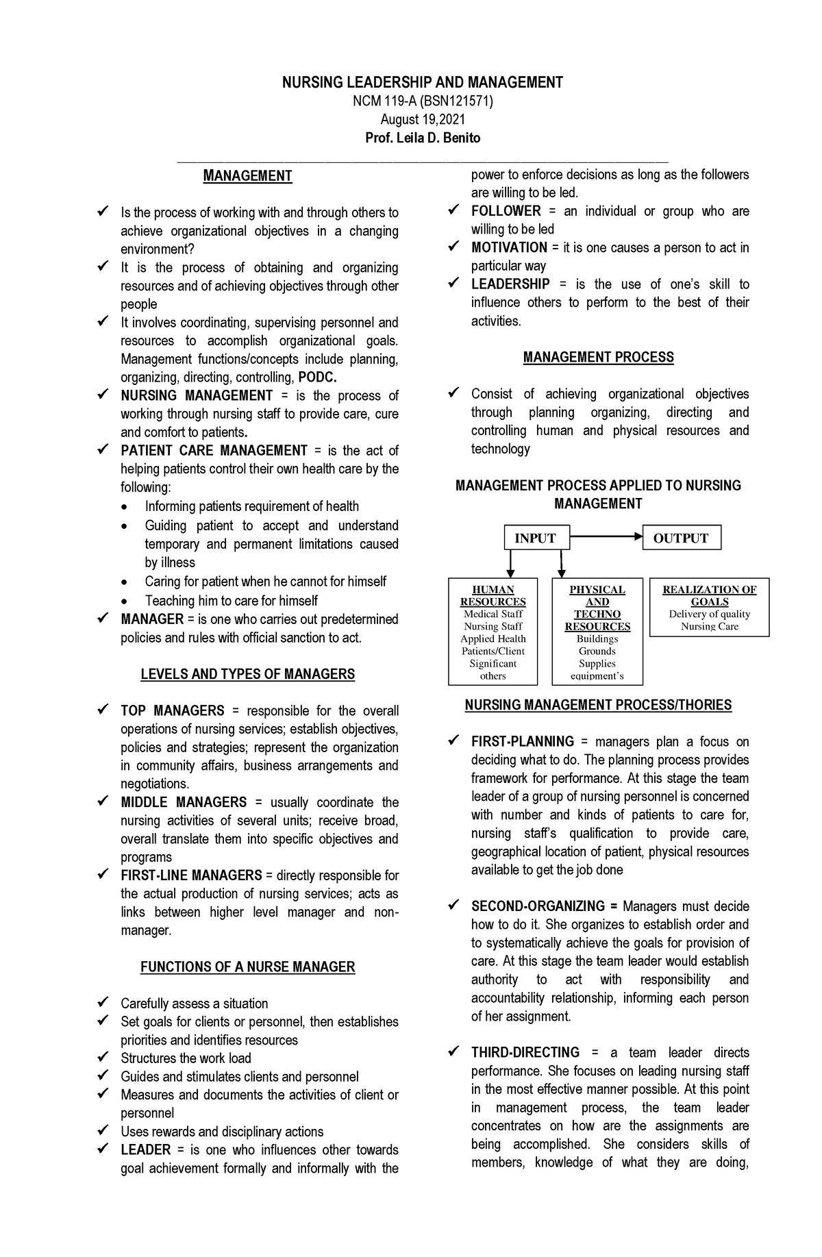 1 Leadership Management August 26 2021 NCM119A - NURSING LEADERSHIP AND ...