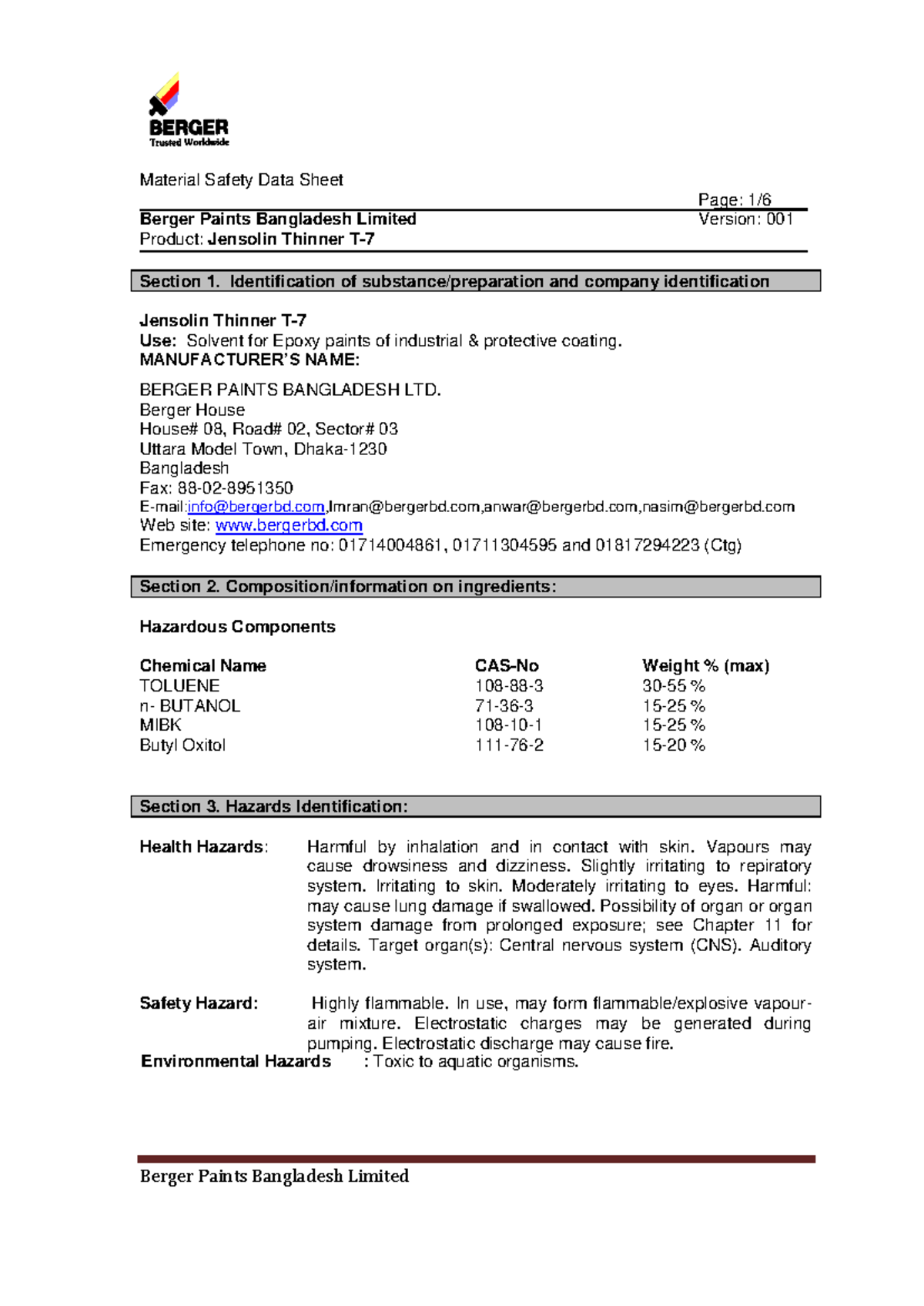 MSDS of Jensolin Thinner T7 Page 1/ Berger Paints Bangladesh