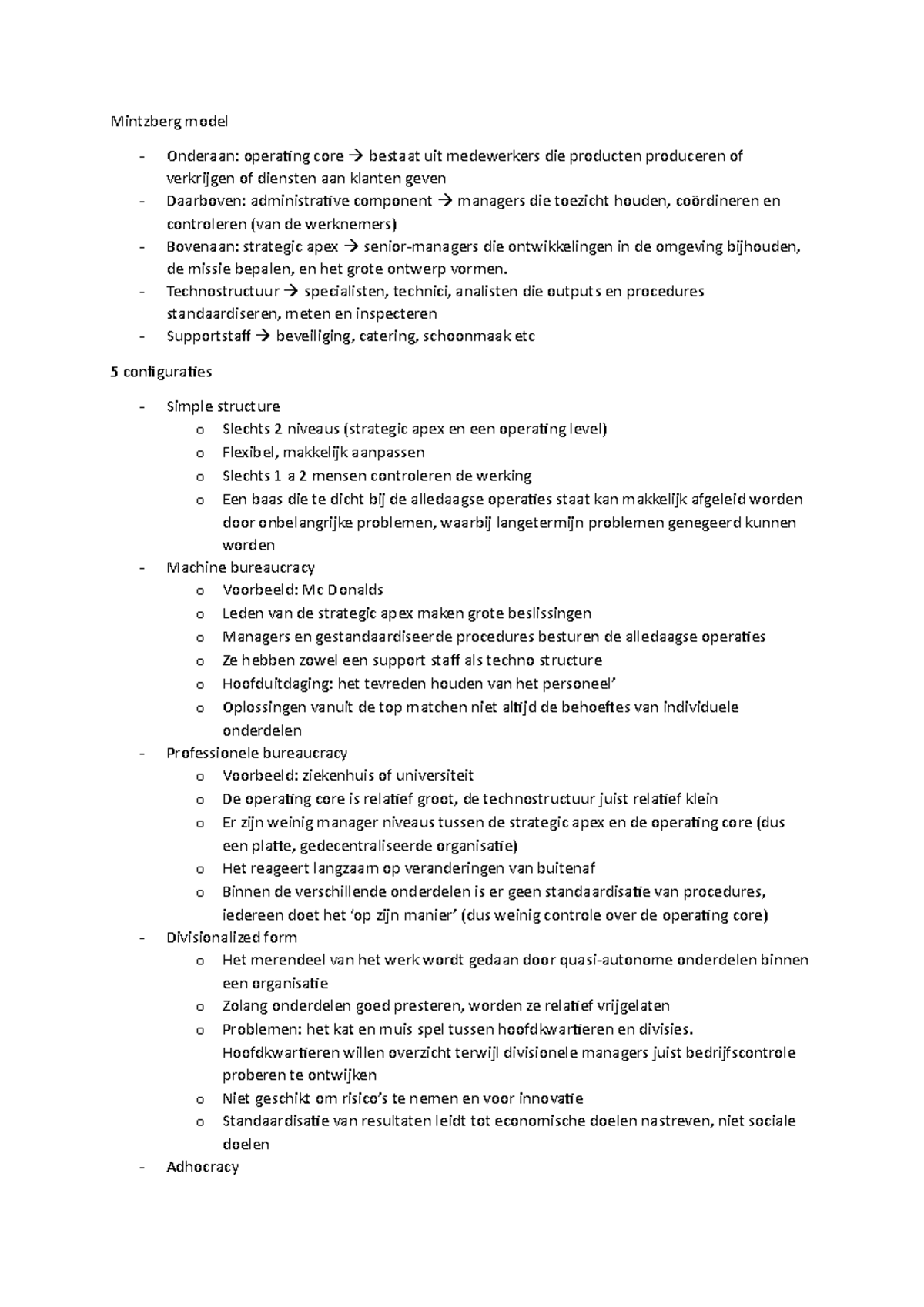 5 Configuraties - Mintzberg Model Onderaan: Operating Core Bestaat Uit ...