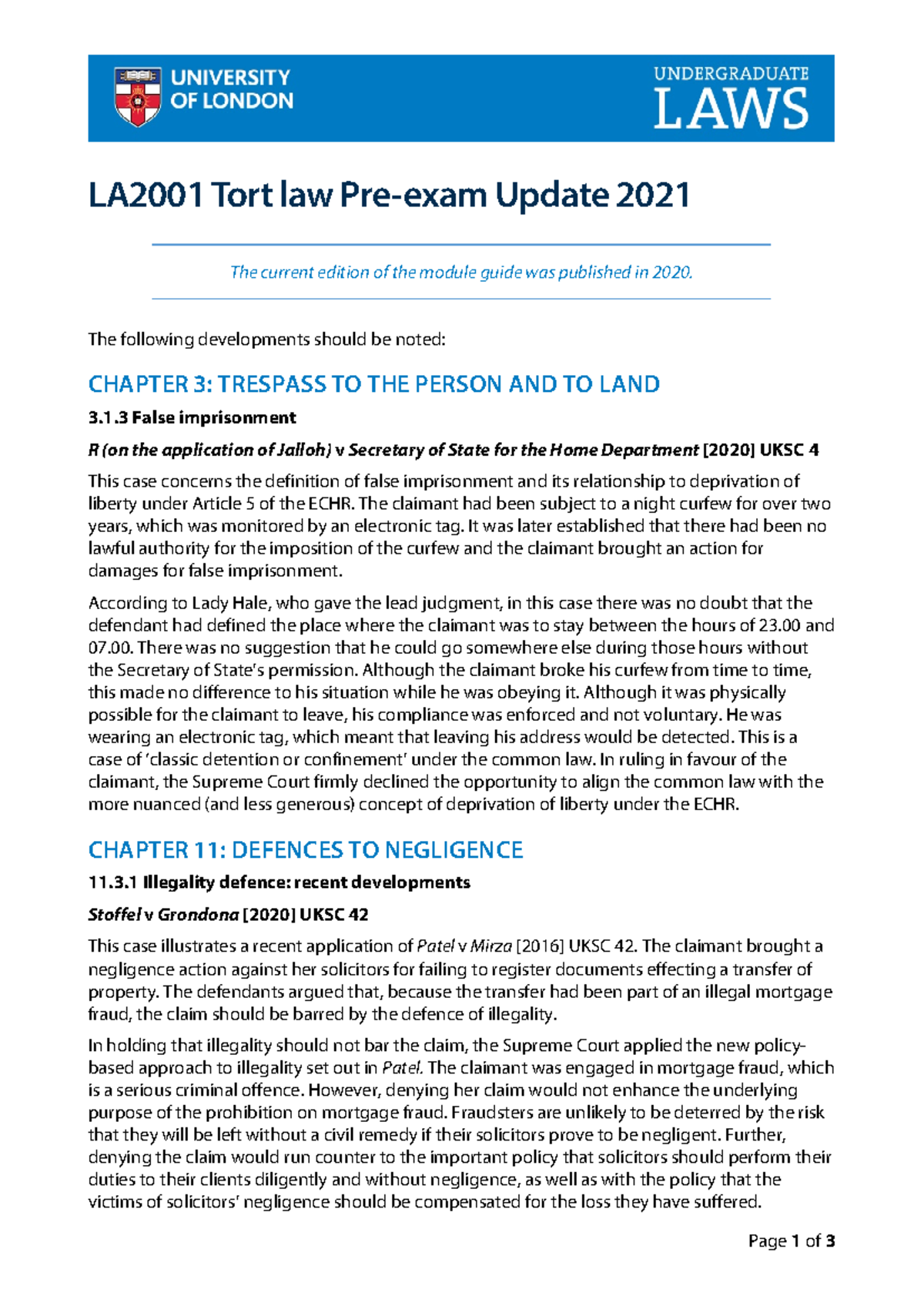529370103 Tort peu21 1 - exam update - Page 1 of 3 LA2001 Tort law Pre ...