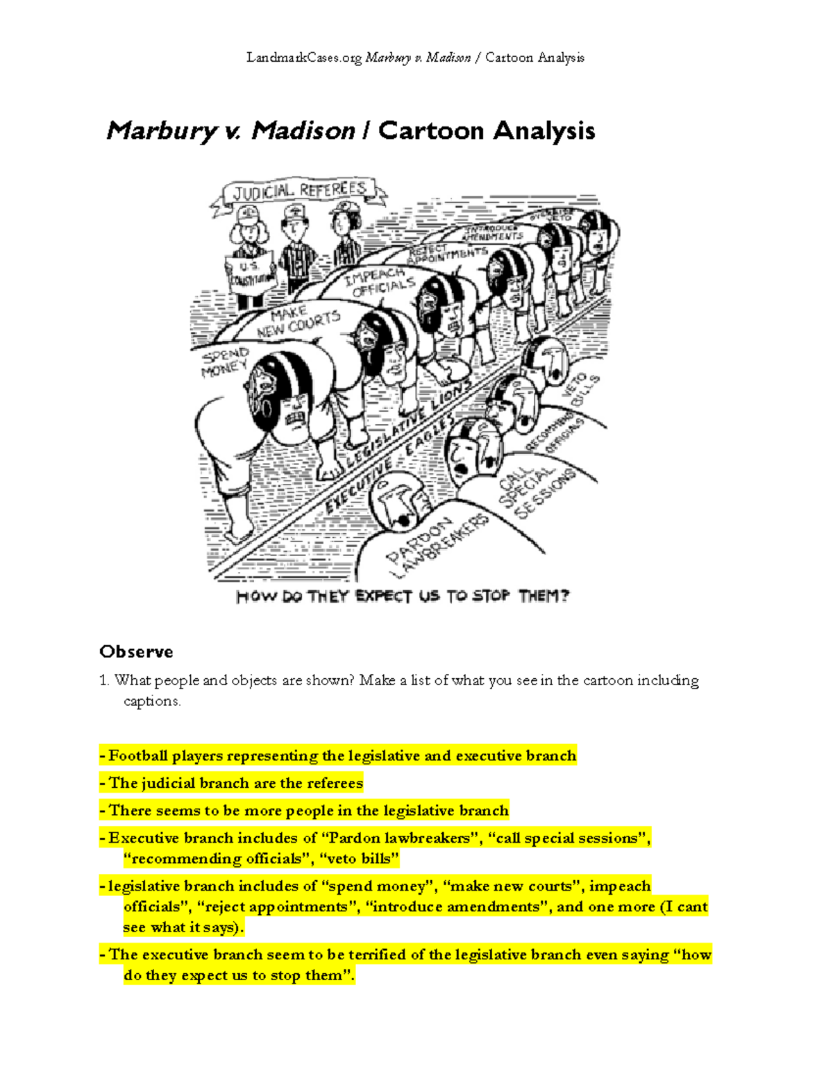 Marbury v. Madison Political Cartoon Analysis - LandmarkCases Marbury v