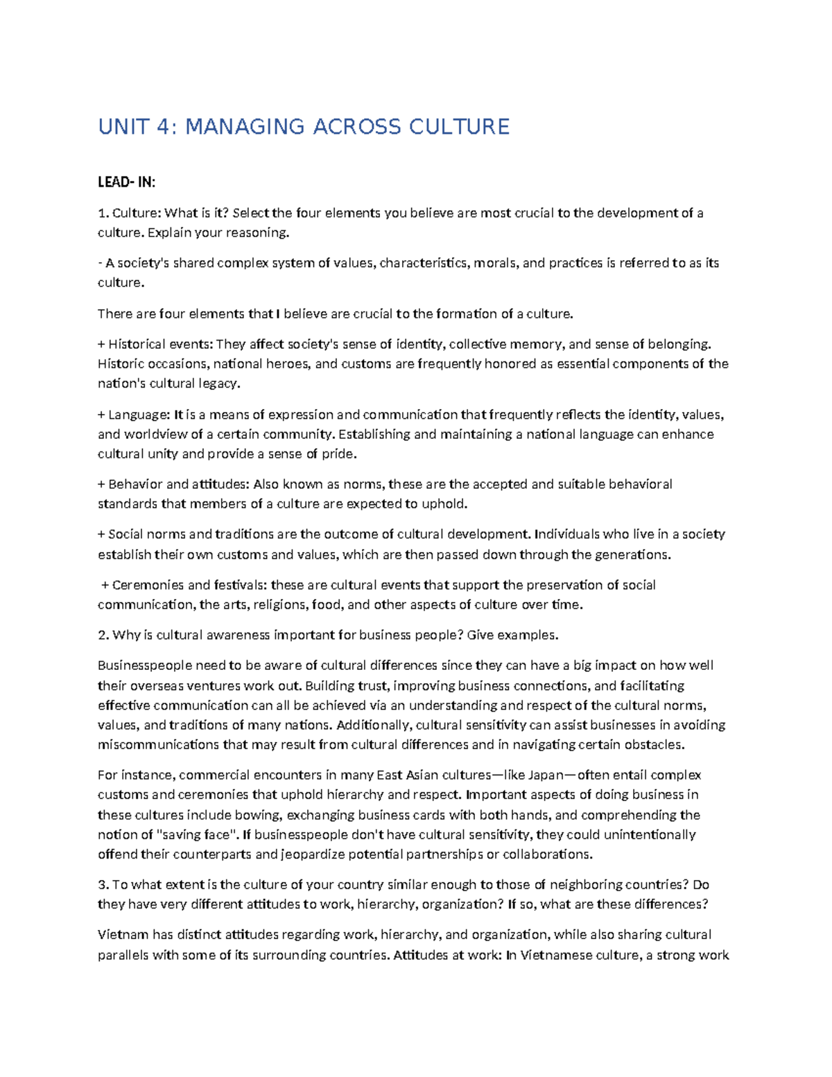 BTVN UNIT 4 - not - UNIT 4: MANAGING ACROSS CULTURE LEAD- IN: Culture ...