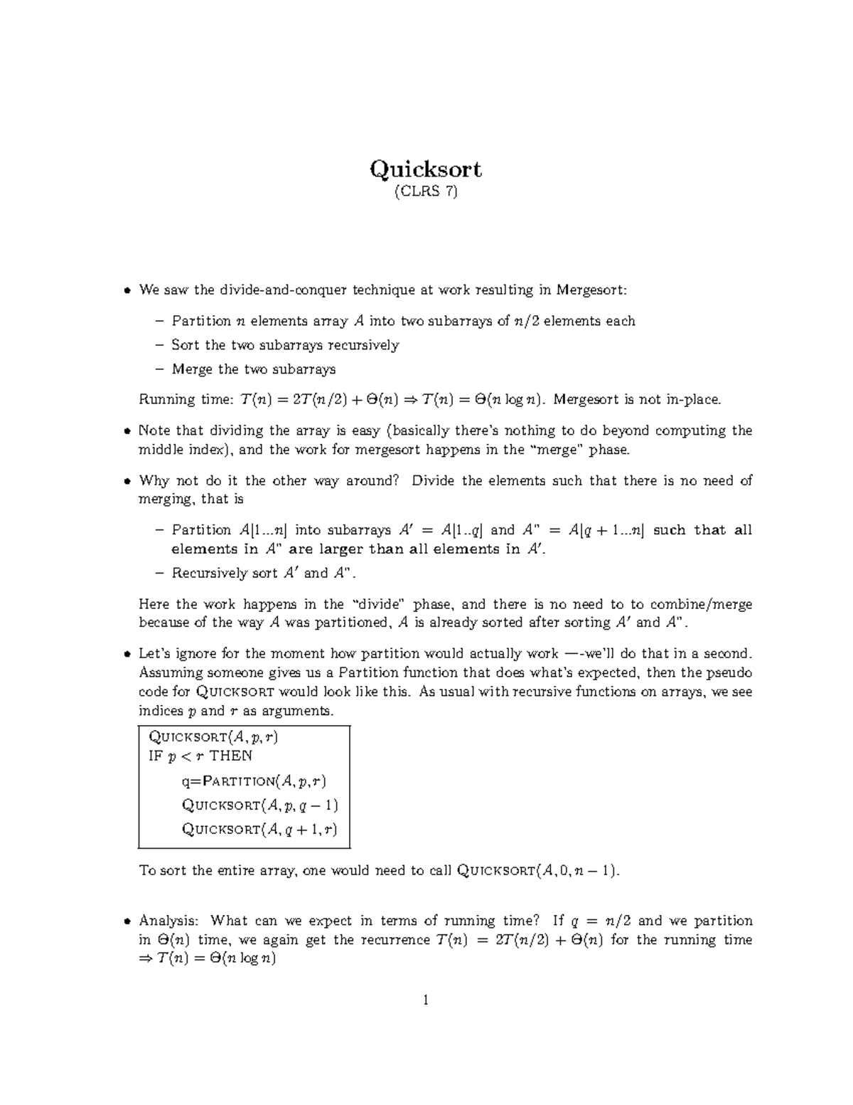 Quicksort - Notes - Quicksort (CLRS 7) We saw the divide-and-conquer ...