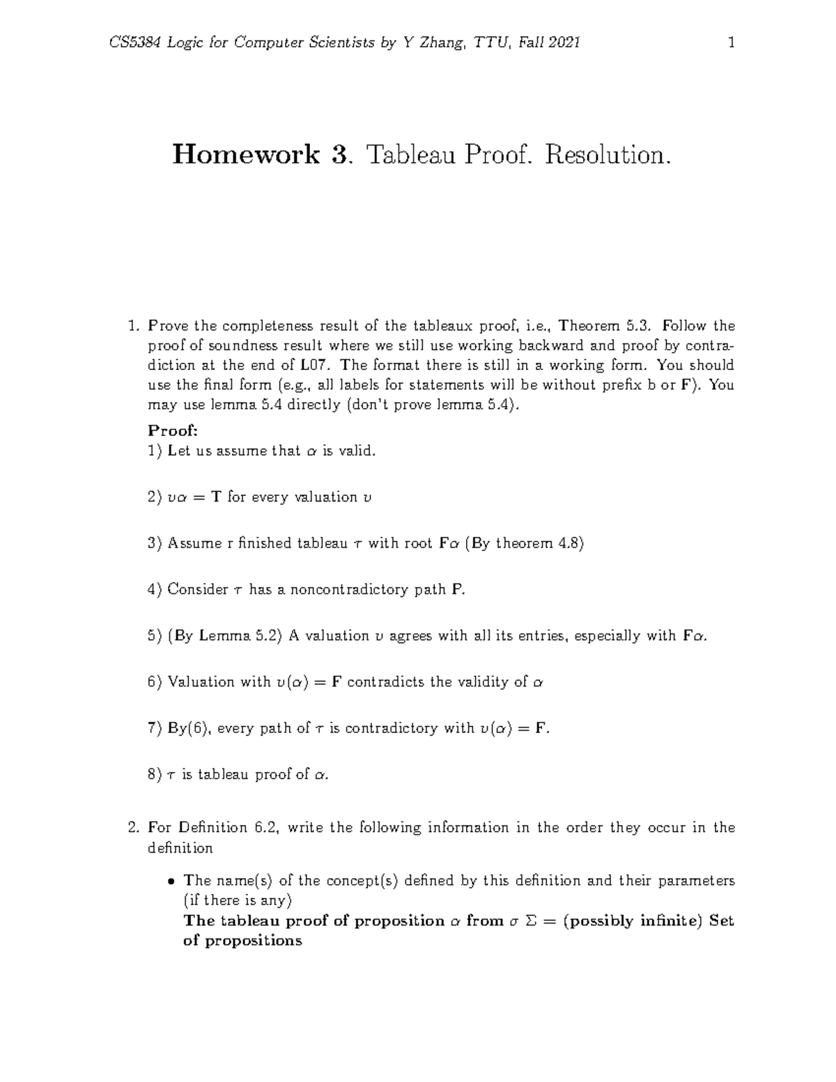 CS 5380 Homework 3 CS5384 Logic for Computer Scientists by Y Zhang