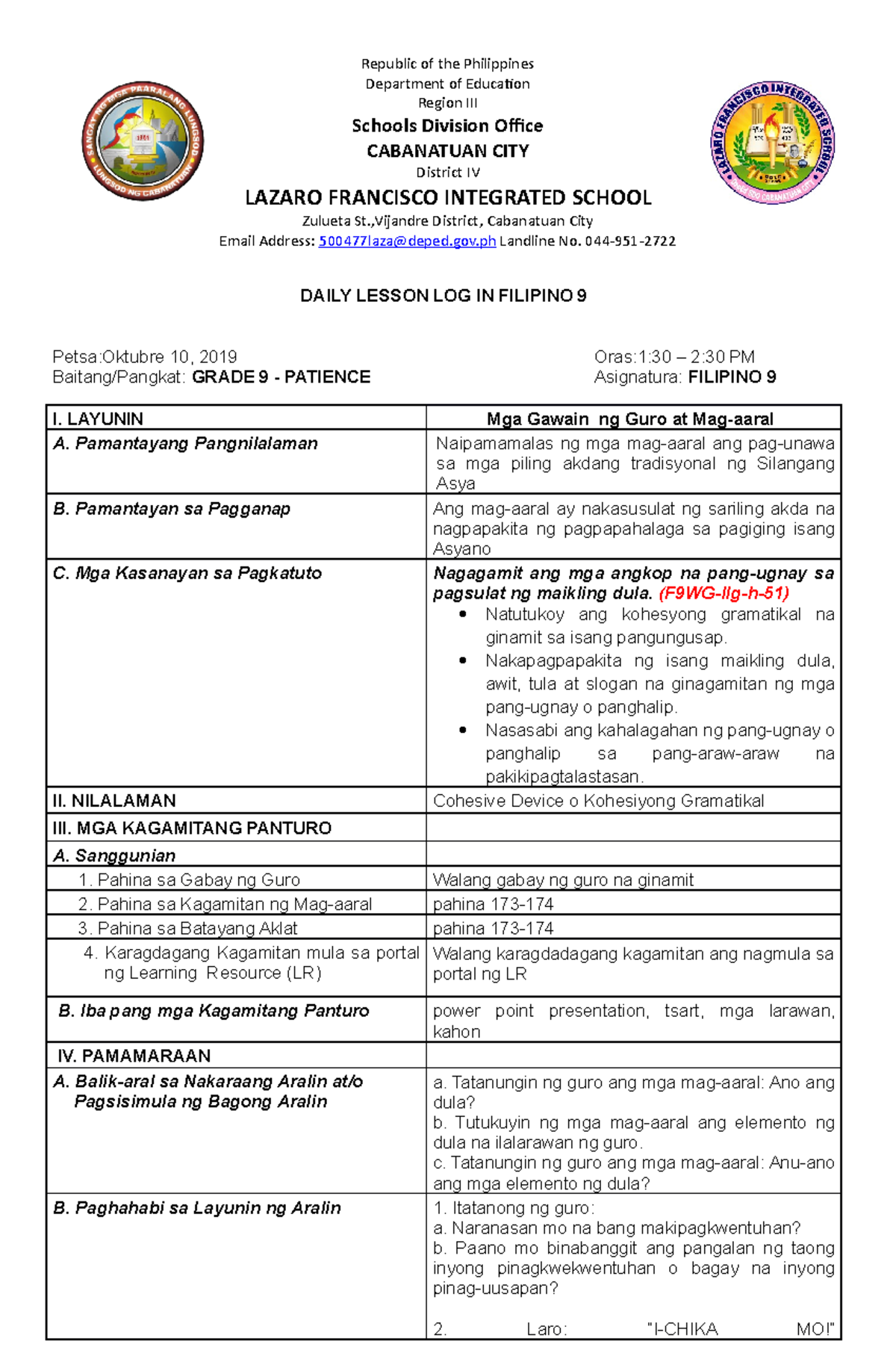 2nd And 3rd Cot Sample Classroom Observation Lplan Republic Of The Philippines Department Of