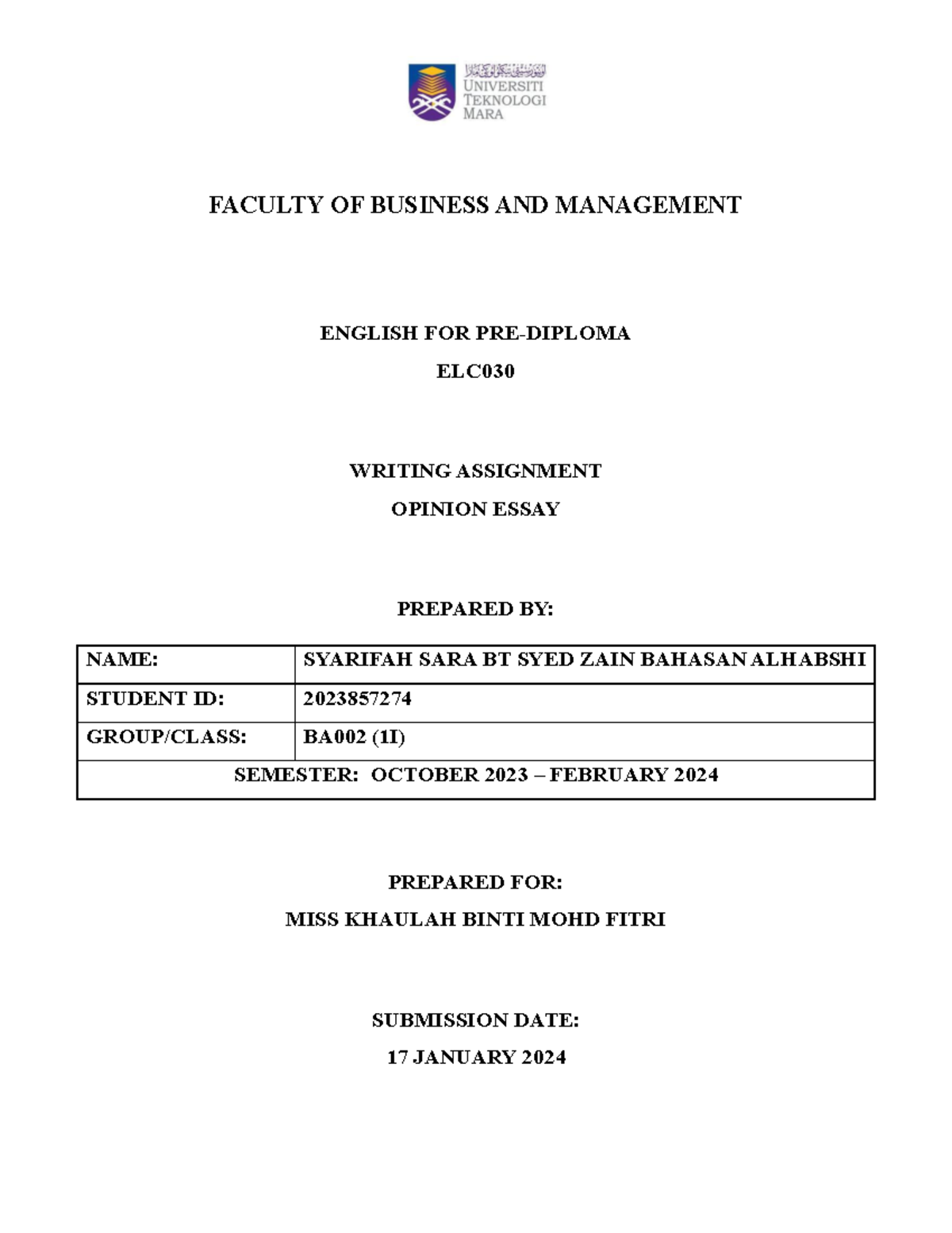 Opinion Essay (English for Pre Diploma) - Pre Diploma In Commerce ...