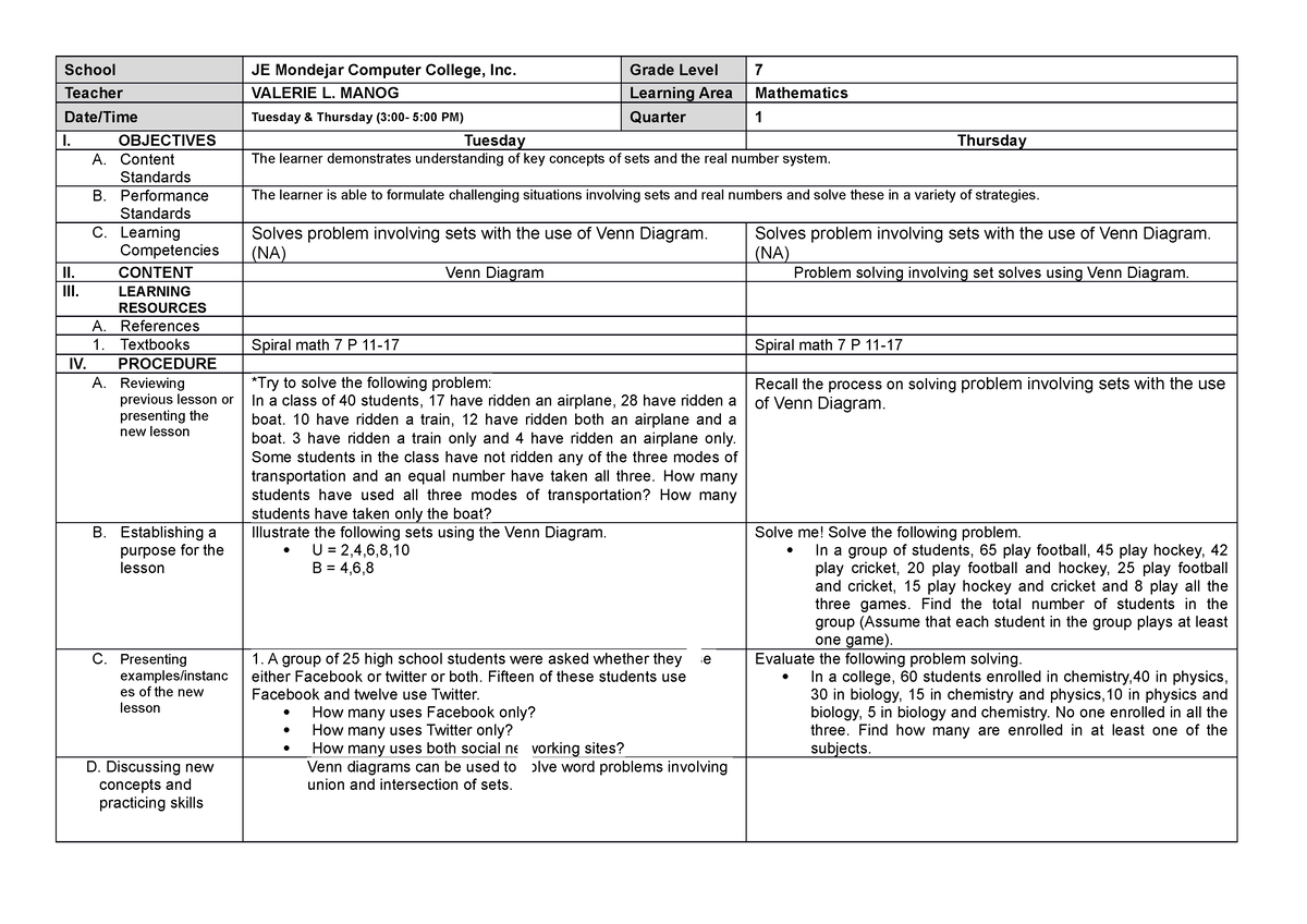 Dll math 7 week 2 - Lesson Log Sample - School JE Mondejar Computer ...