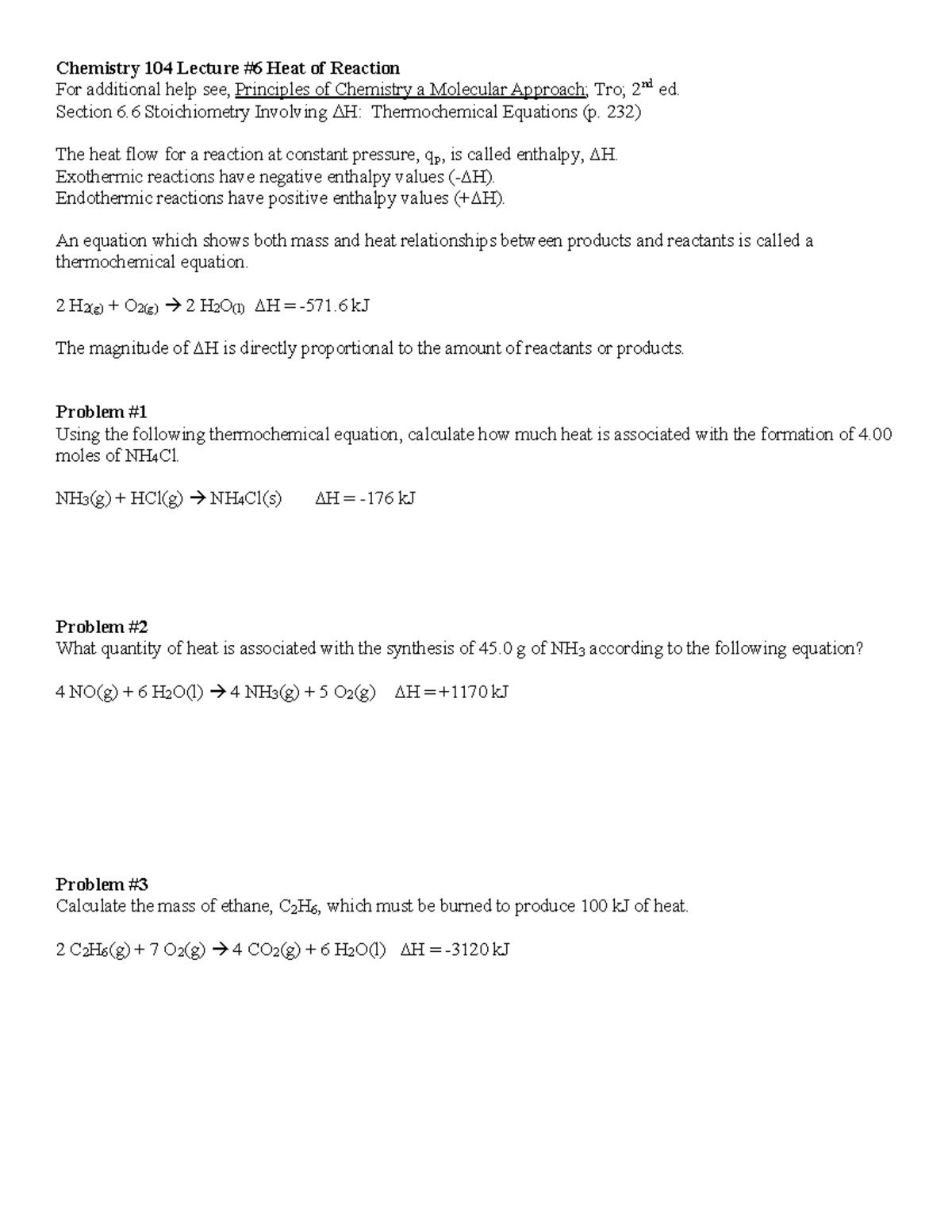 Lectrue 6 Heat Of Reactions - Chemistry 104 Lecture #6 Heat Of Reaction 