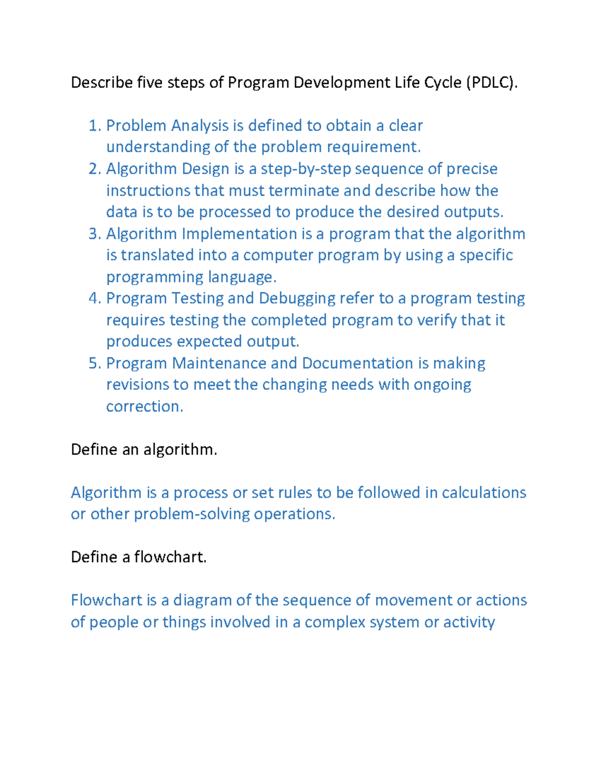Describe five steps of Program Development Life Cycle - 1. Problem ...