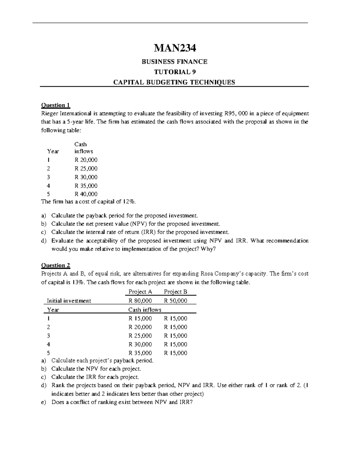 Tutorial 9- Capital Budgeting Techniques - MAN BUSINESS FINANCE ...