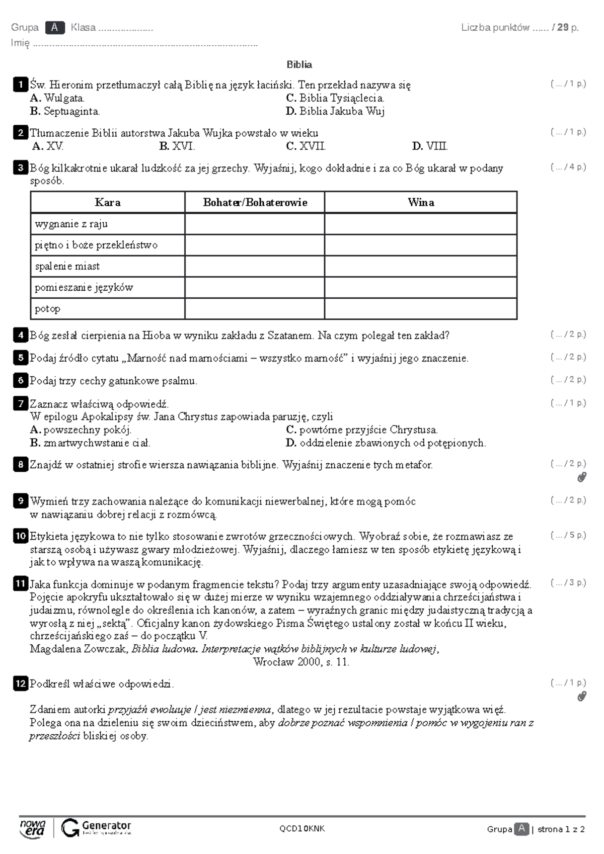 Biblia Test z widoczna punktacja - QCD10KNK Grupa A | strona 1 z 2