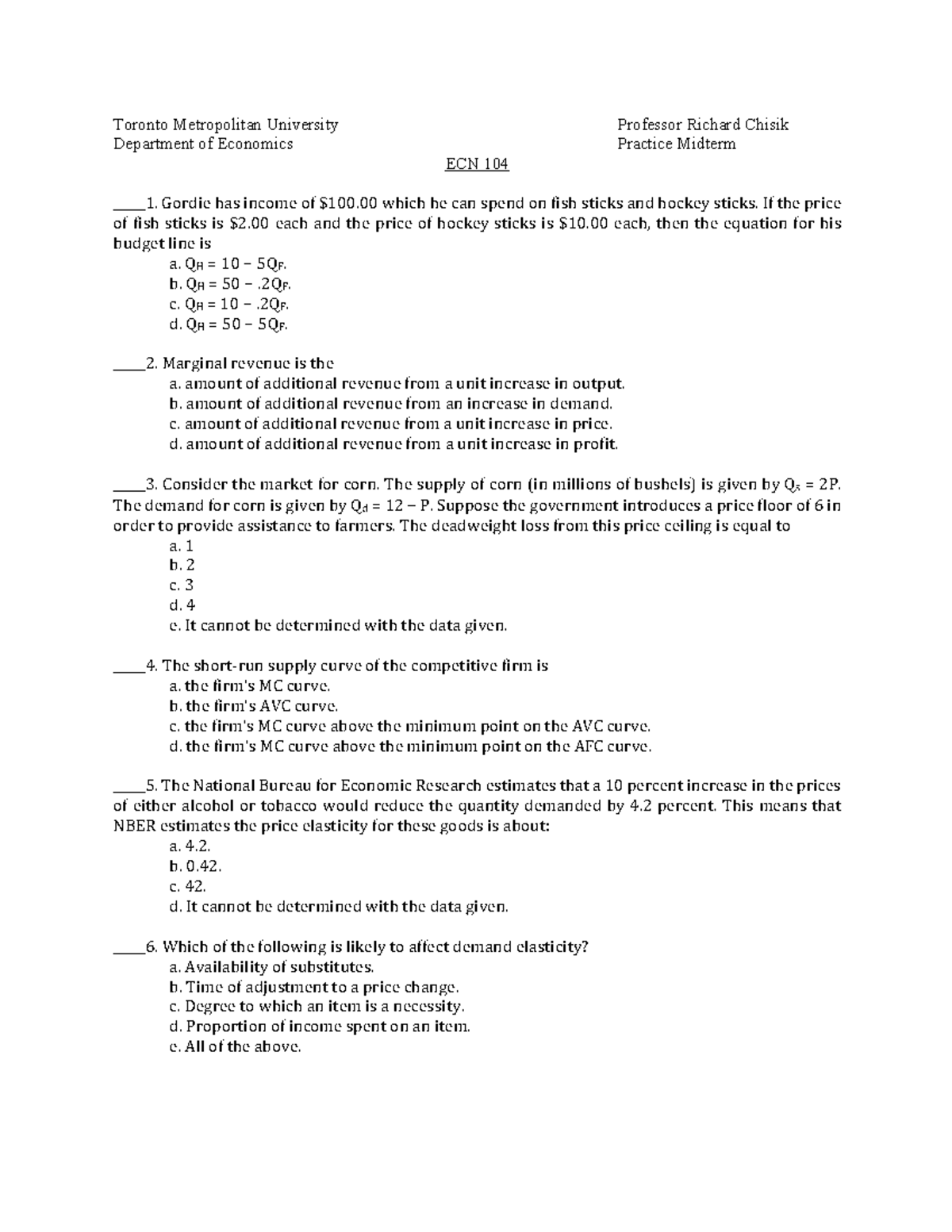 Sample midterm fall 2023 - Toronto Metropolitan University Professor ...