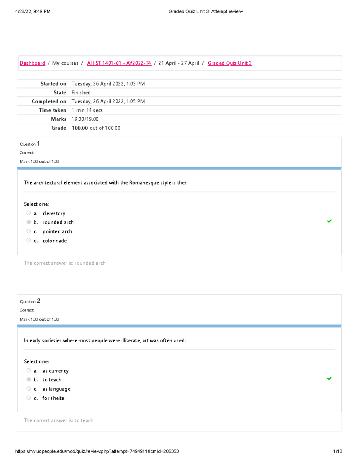 AHIST 1401 Graded QUIZ UNIT 3 - Started on Tuesday, 26 April 2022, 1:03 ...