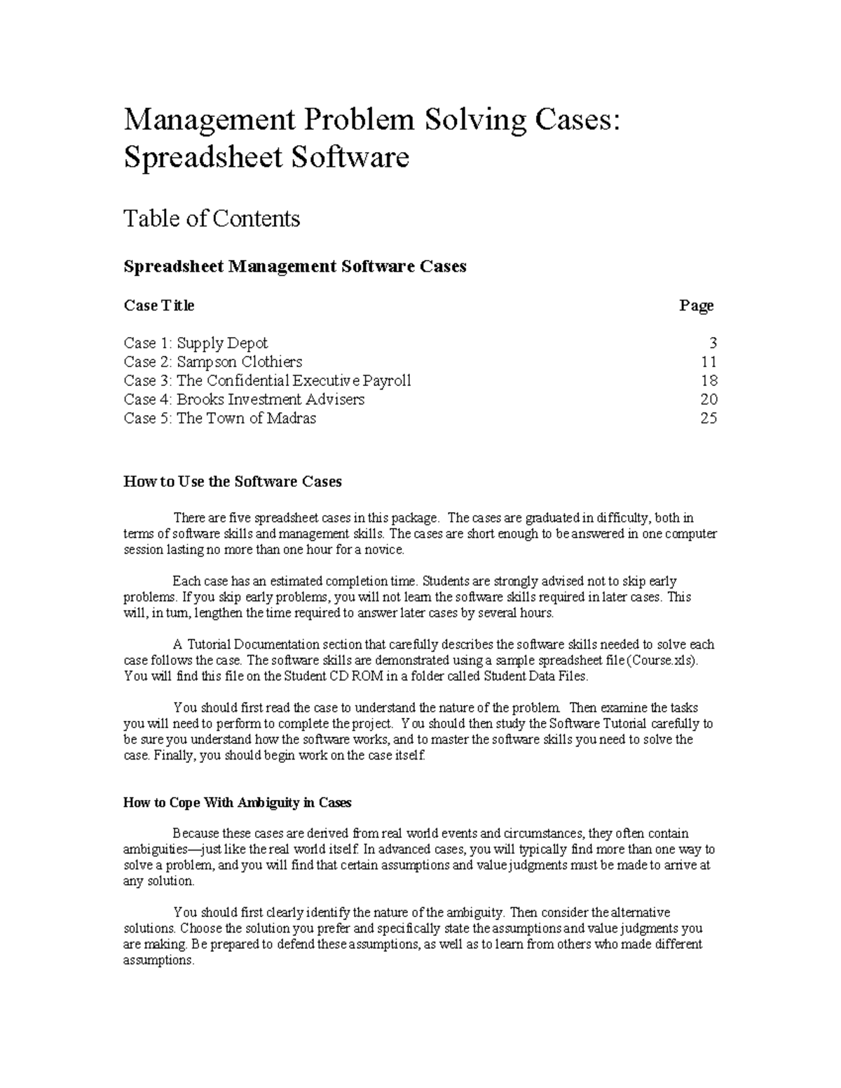 Excel cases Management Problem Solving Cases Spreadsheet Software