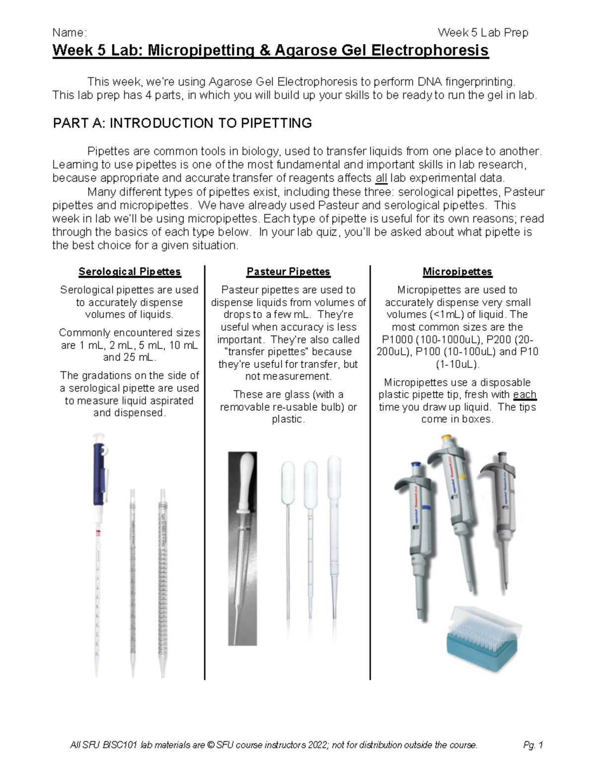 Week 5 lab prep micropipetting and electrophoresis Name Week 5 Lab