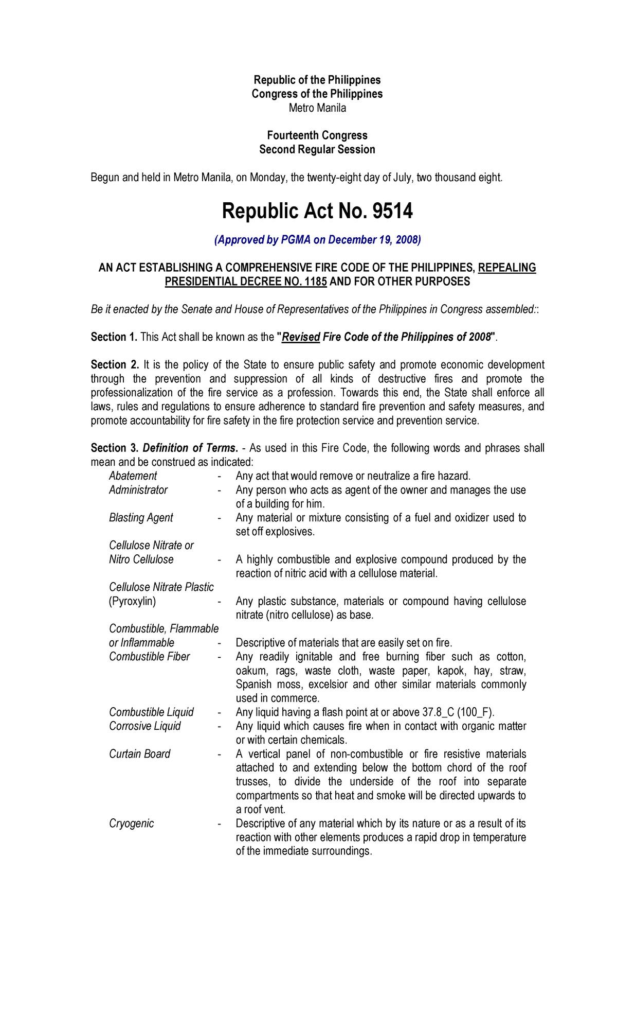 Fire Code law RA No. 9514 Studocu