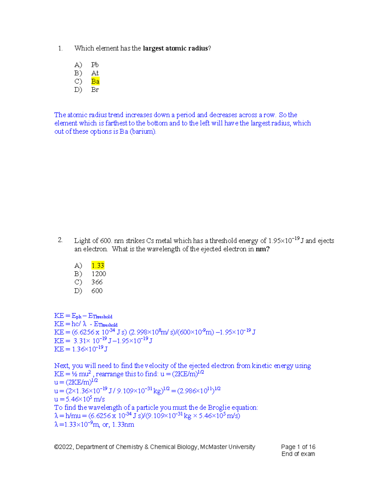 Test 2 Solutions 1a03 - ©2022, Department of Chemistry & Chemical ...