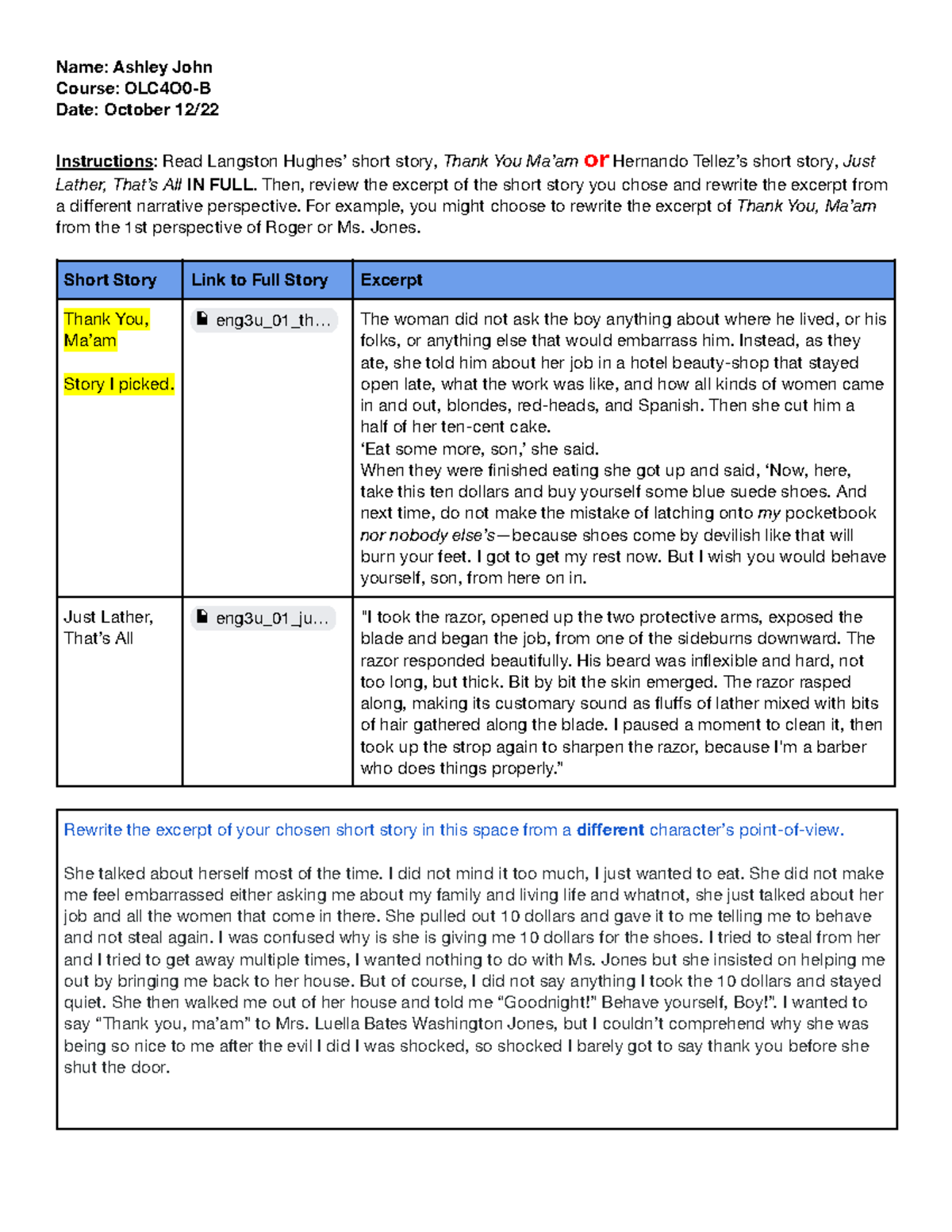 Copy of Perspectives and Power in Narrative - Short Story Reflection ...