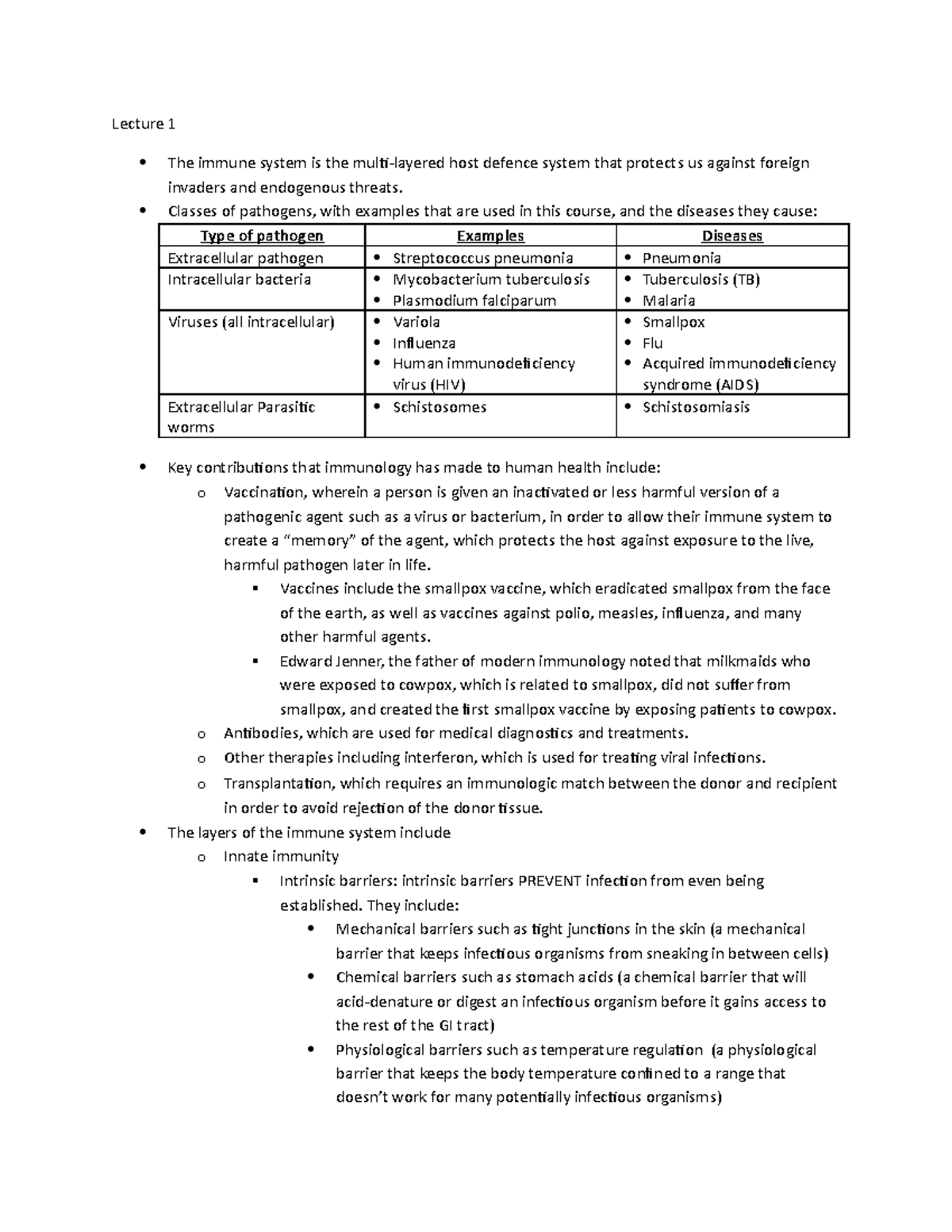 Immunology Review Note 1 - Lecture 1 The immune system is the multi ...