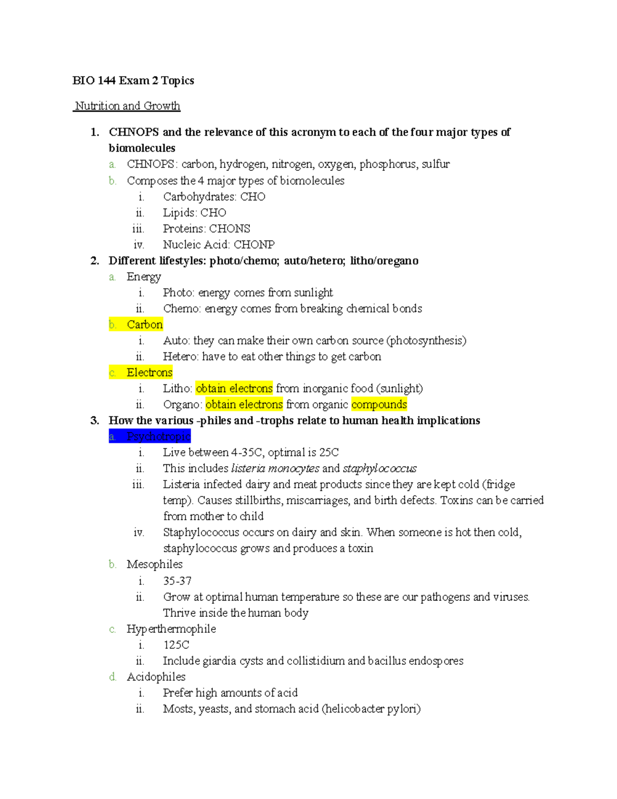 Copy of Exam 2 practice - BIO 144 Exam 2 Topics Nutrition and Growth 1 ...