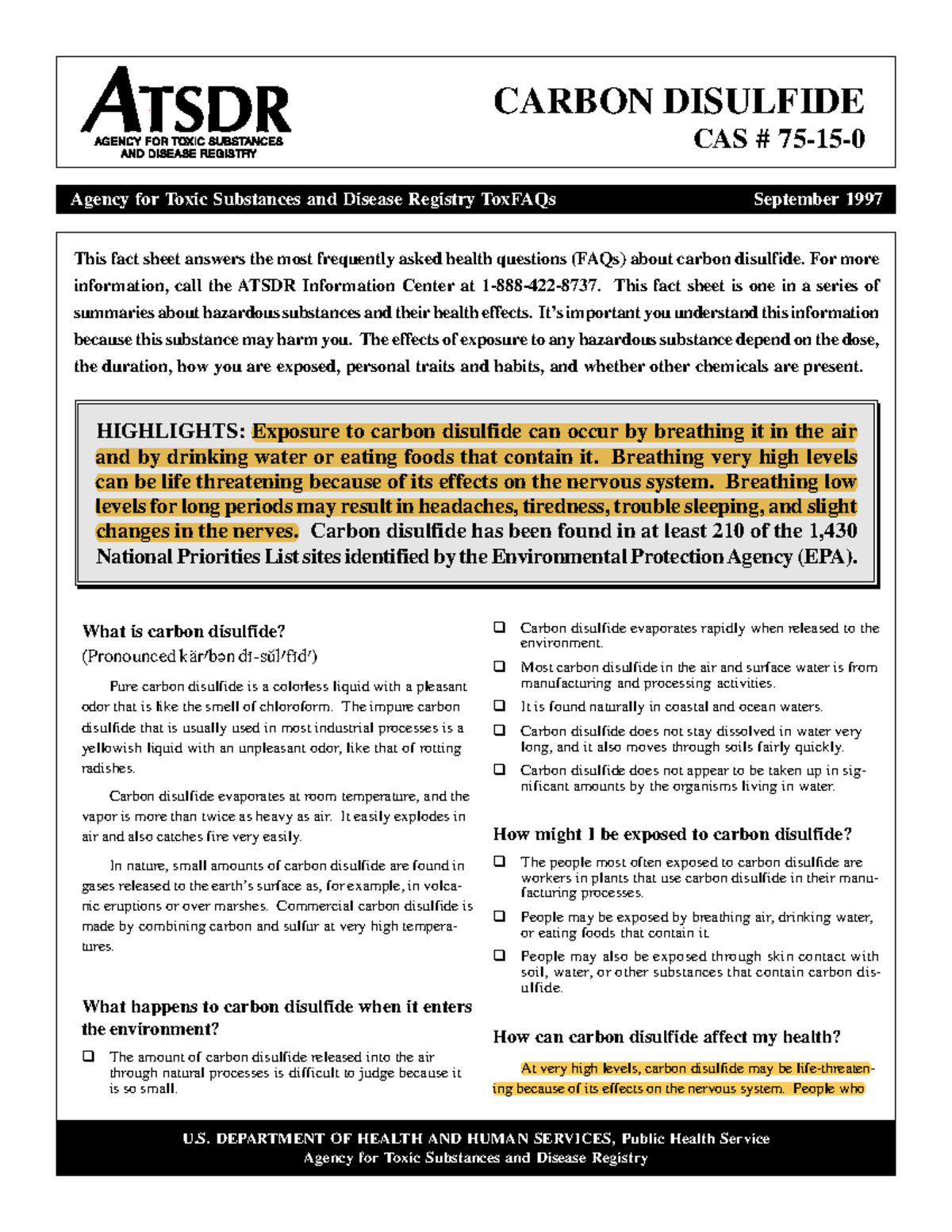 Agency for Toxic Substances and Disease Registry Carbon Disulfide ...