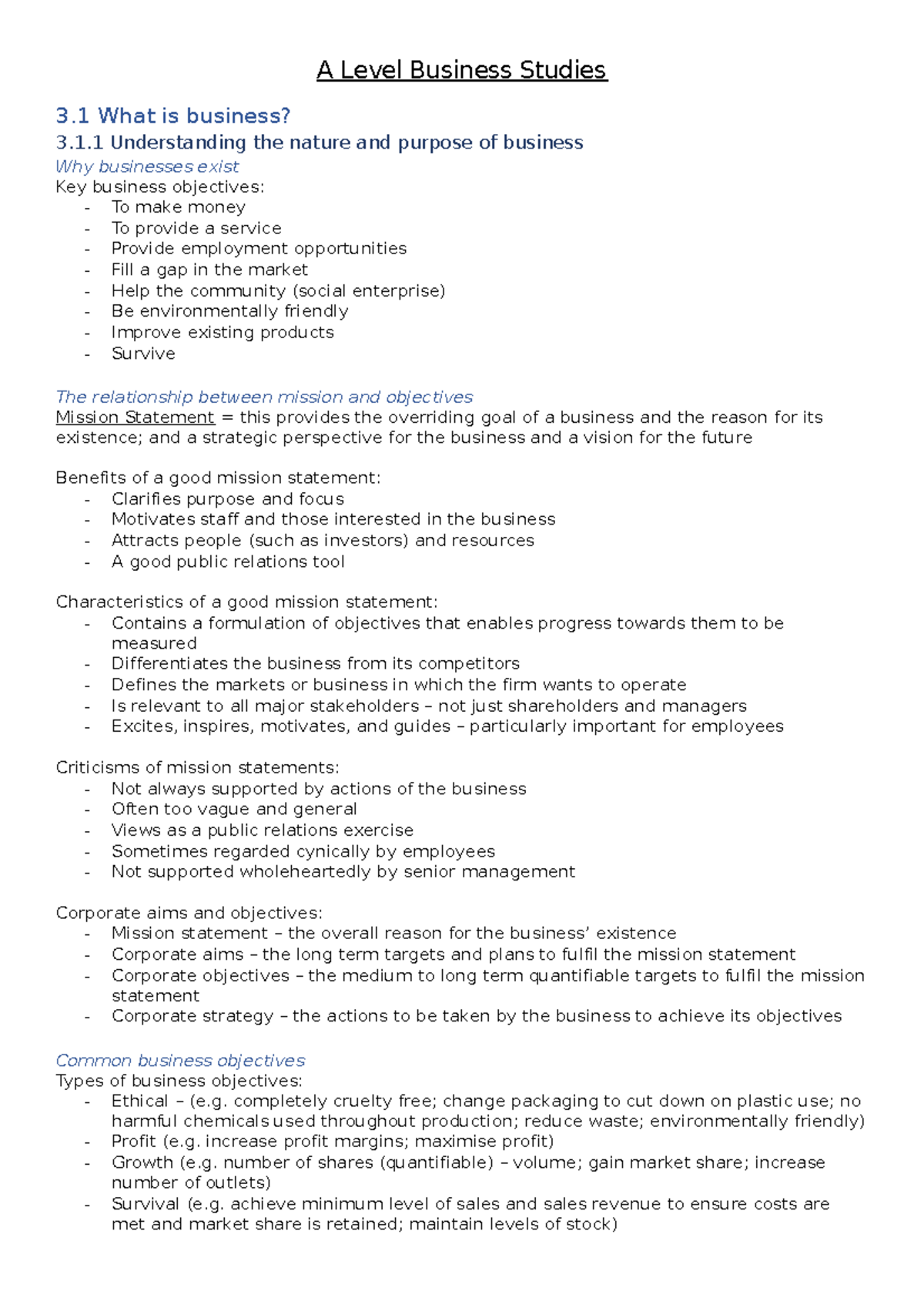 Complete Business Revision Notes - A Level Business Studies 3 What is ...