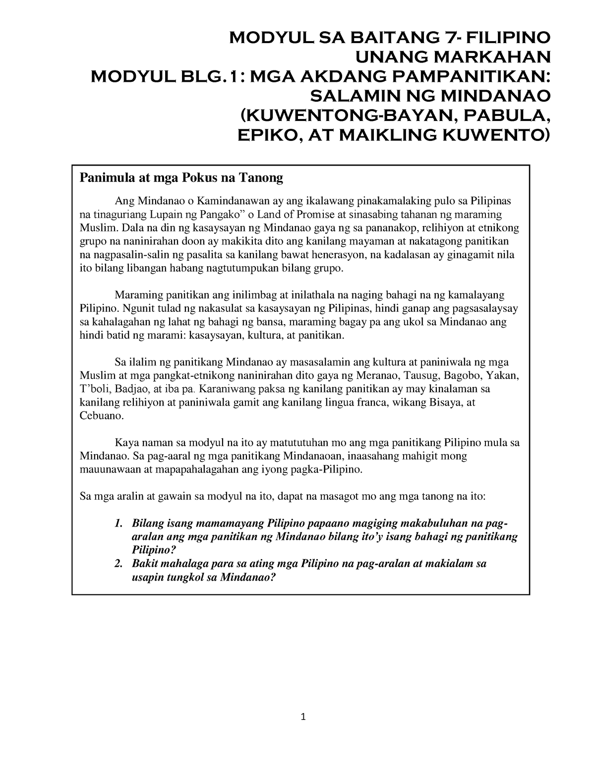 7-Module - Modulesnsa Filipino - MODYUL SA BAITANG 7- FILIPINO UNANG ...