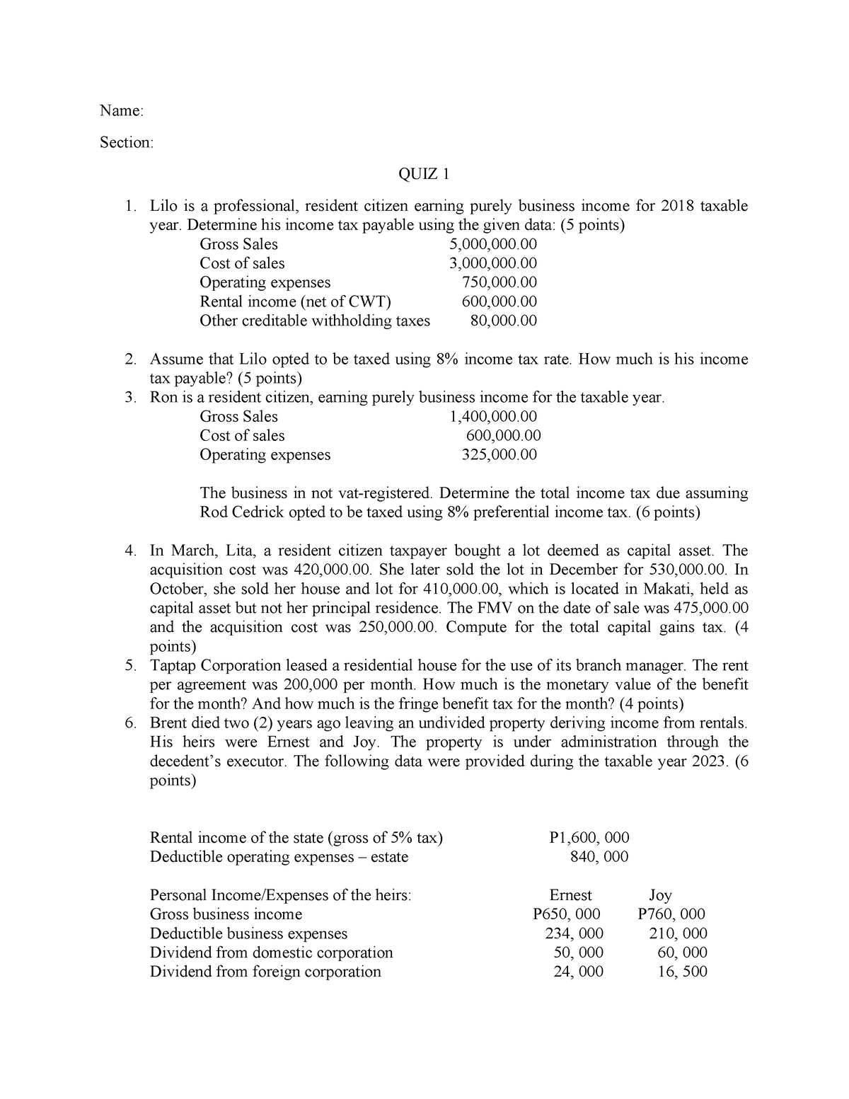 BSMA quiz on tax - Name: Section: QUIZ 1 Lilo is a professional ...