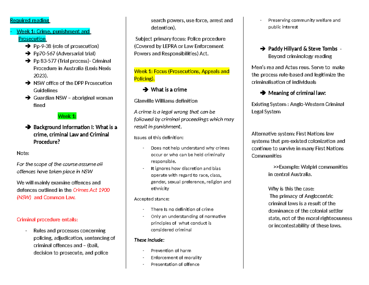 Criminal procedure notes 2 (1)- true - Required reading Week 1: Crime ...