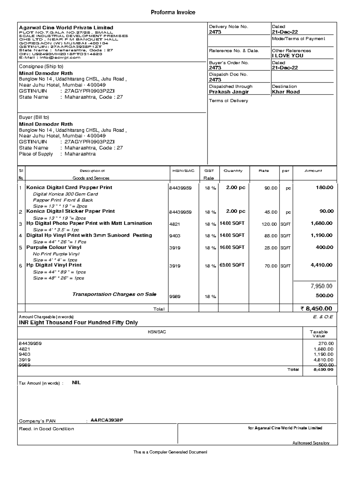 Minal Damodar Rath - BILL - Proforma Invoice Agarwal Cine World Private ...