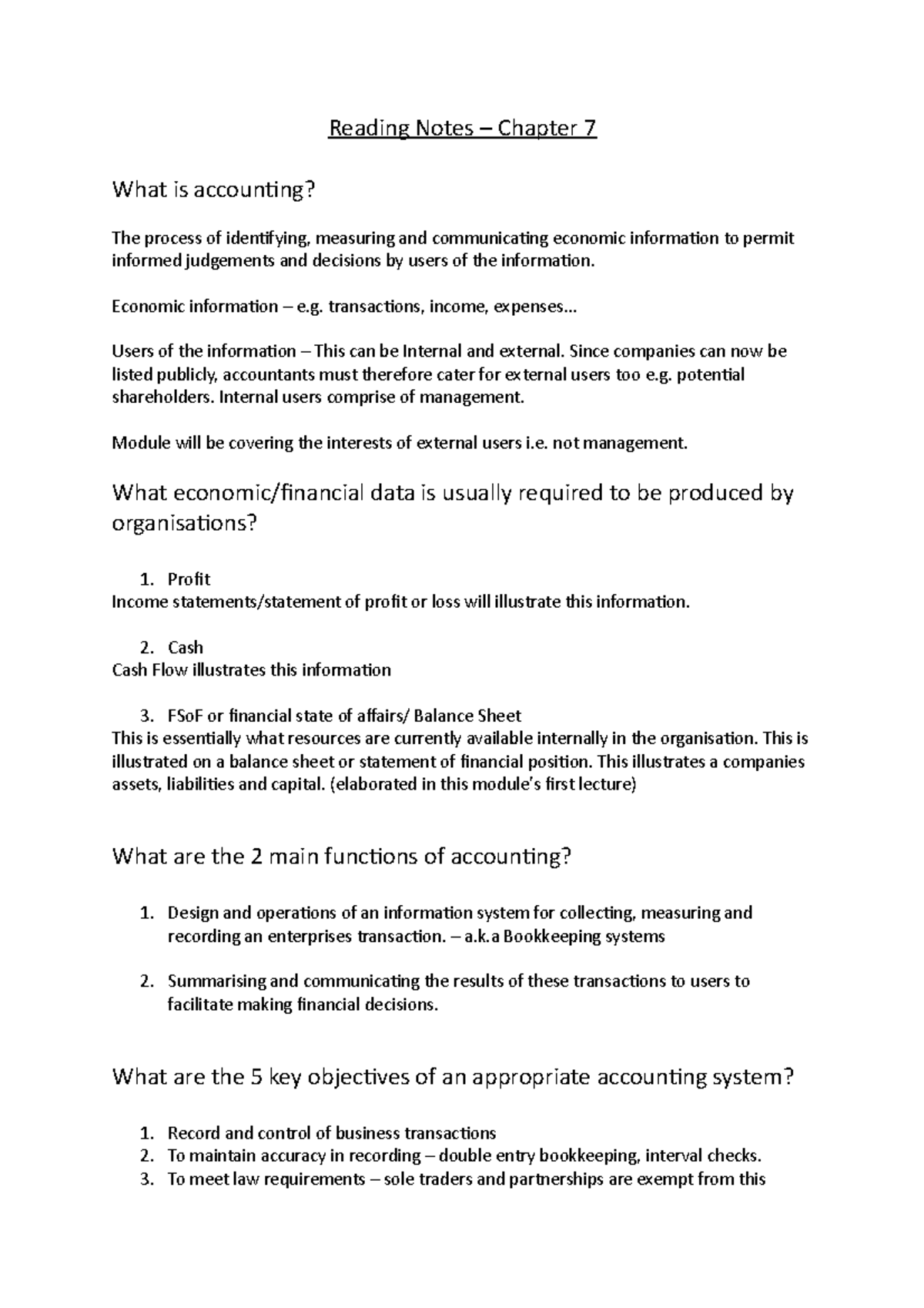 Week 1 - FA - Lmao - Reading Notes – Chapter 7 What is accounting? The ...