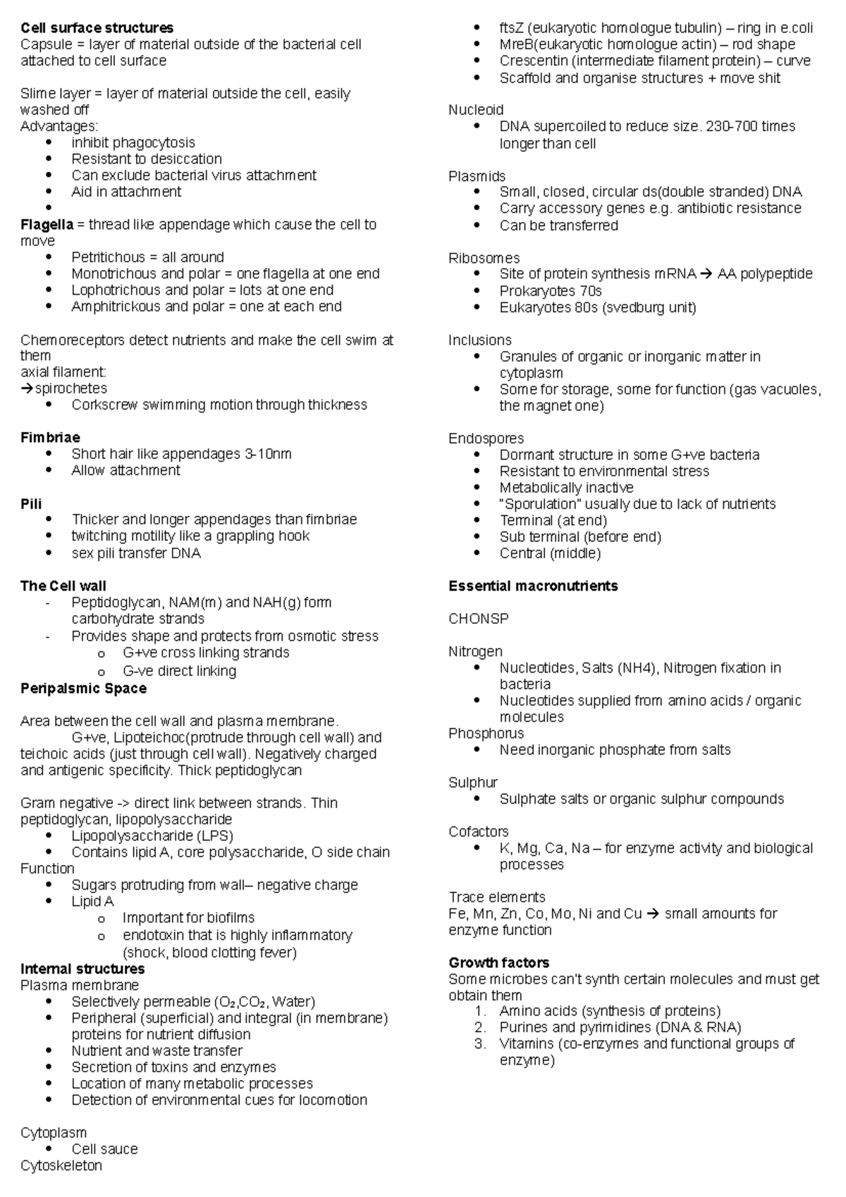 General Microbiology Cheat Sheet - Cell surface structures Capsule ...