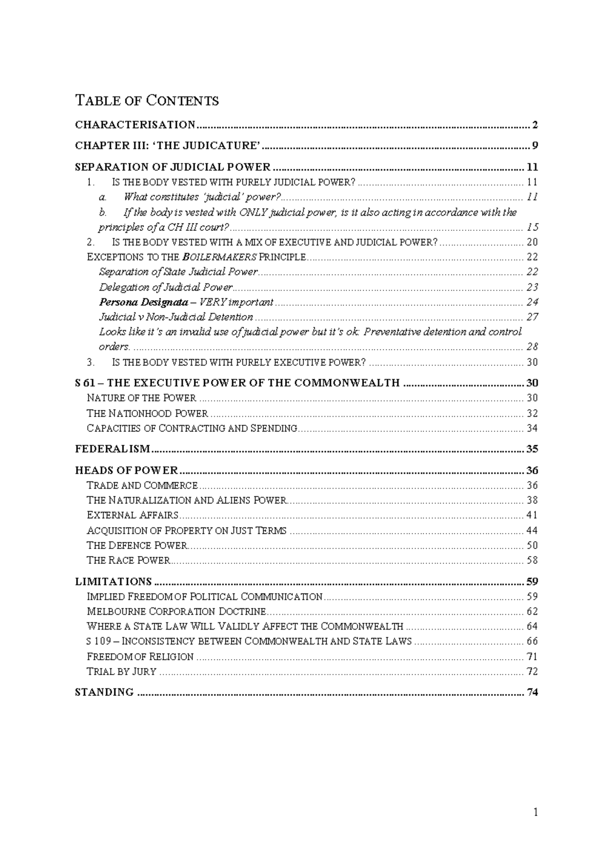 Constitutional law notes 1 - TABLE OF CONTENTS CHARACTERISATION CHAPTER ...