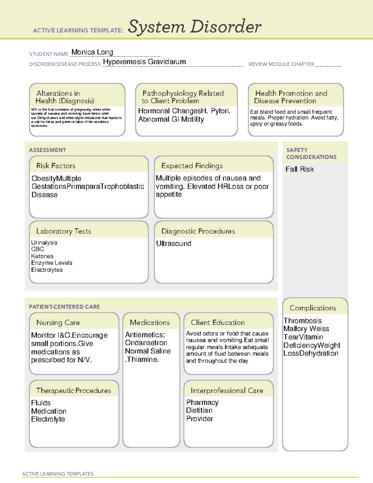 Hyperemesis Gravidarum ACTIVE LEARNING TEMPLATES System Disorder