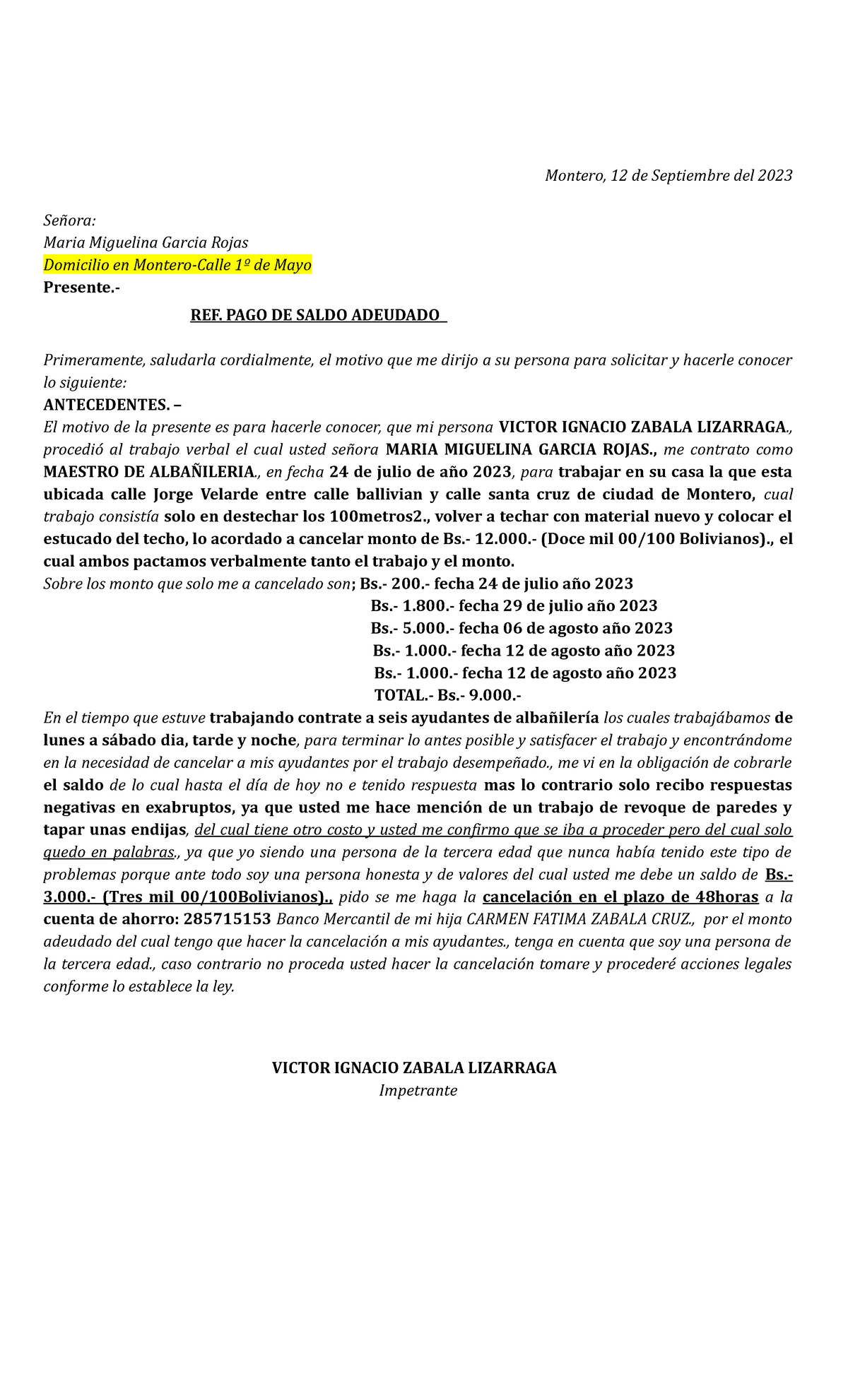 Carta Notariada Para Maria Miguelina Montero 12 De Septiembre Del 2023 Señora Maria 0857