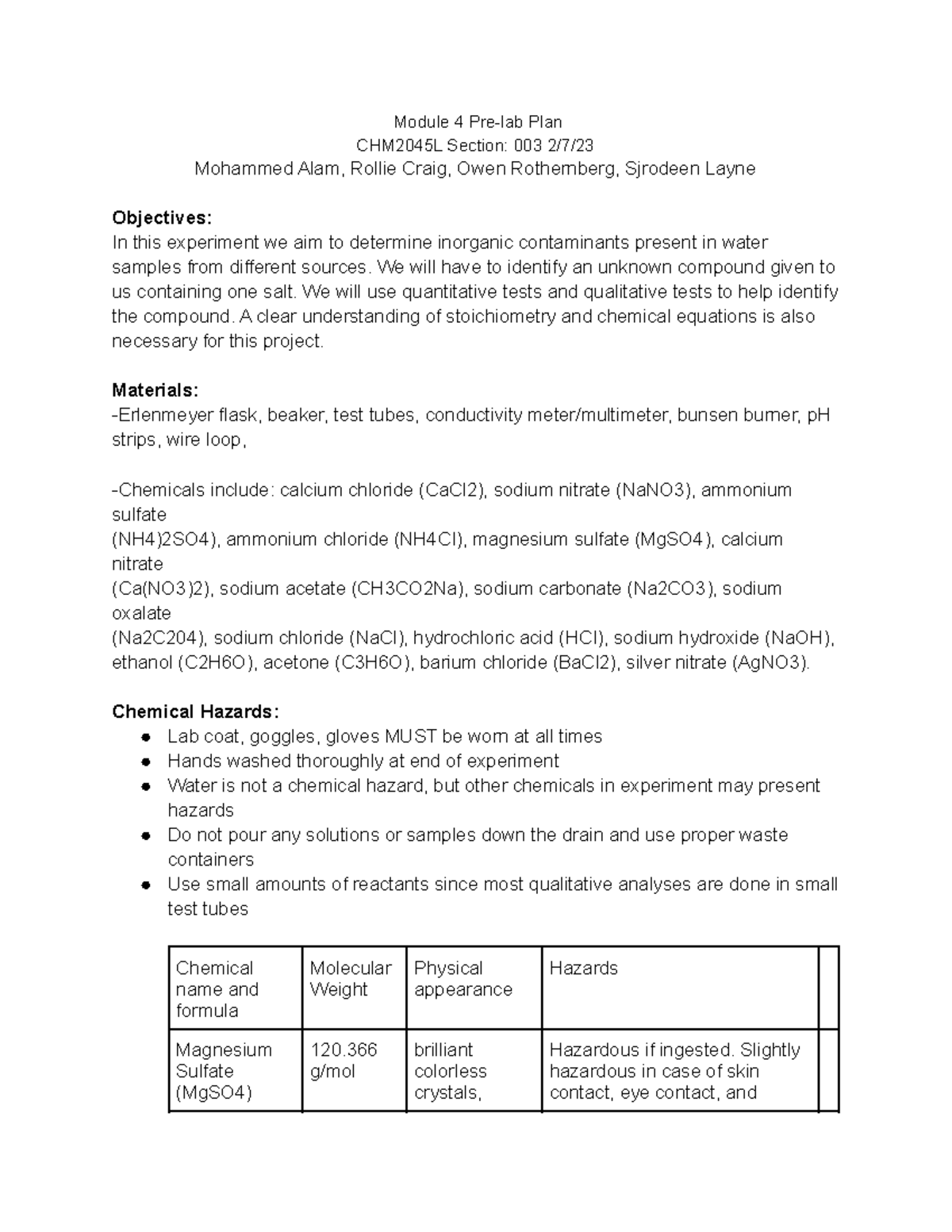 Module 4 Pre-lab - N/A - Module 4 Pre-lab Plan CHM2045L Section: 003 2 ...