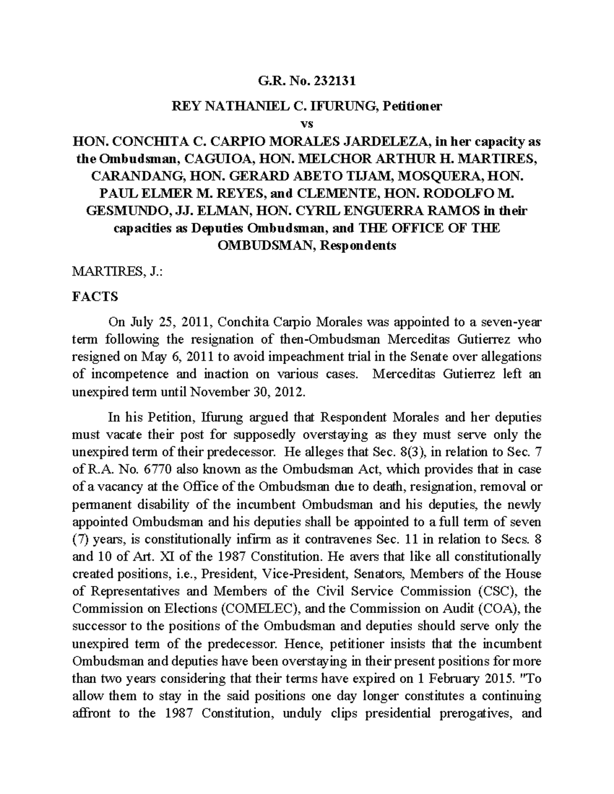 Ifurung v Carpio Morales - G. No. 232131 REY NATHANIEL C. IFURUNG ...