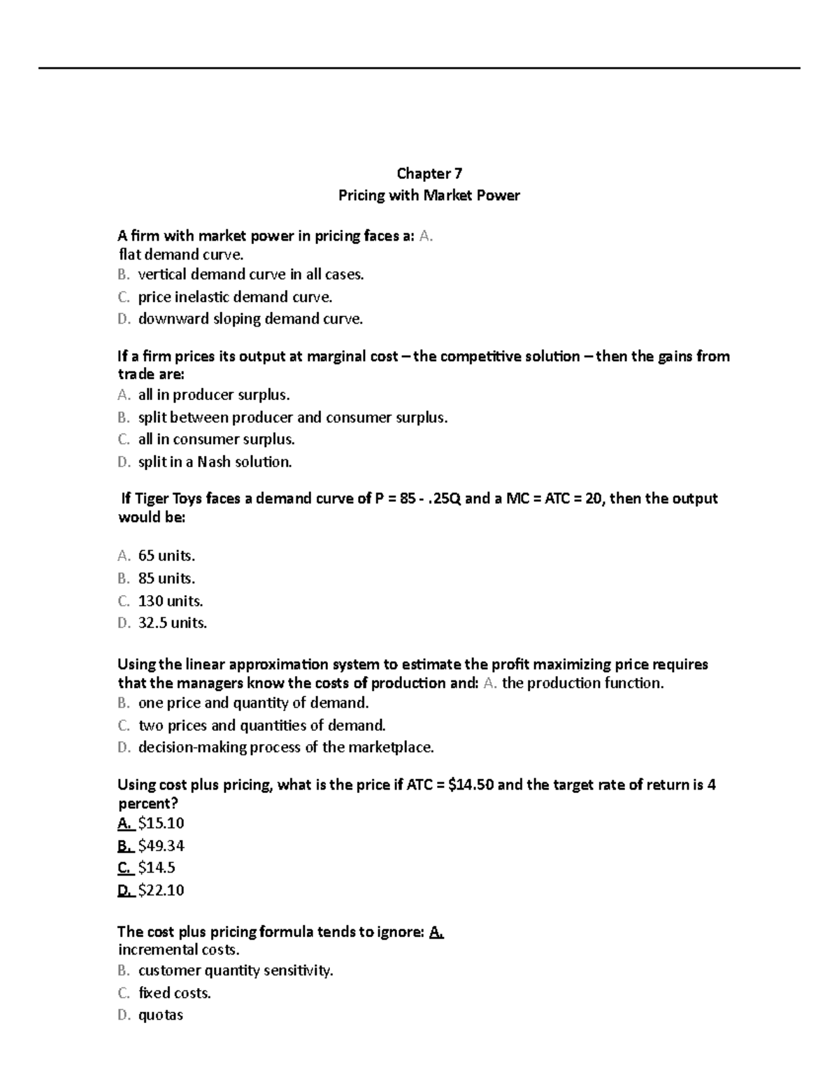 Practice Chapter 7 - Lecture Notes - Chapter 7 Pricing with Market ...