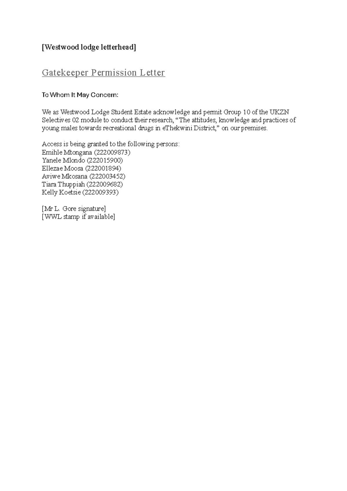 Westwood lodge Gatekeeper Permission - [Westwood lodge letterhead ...