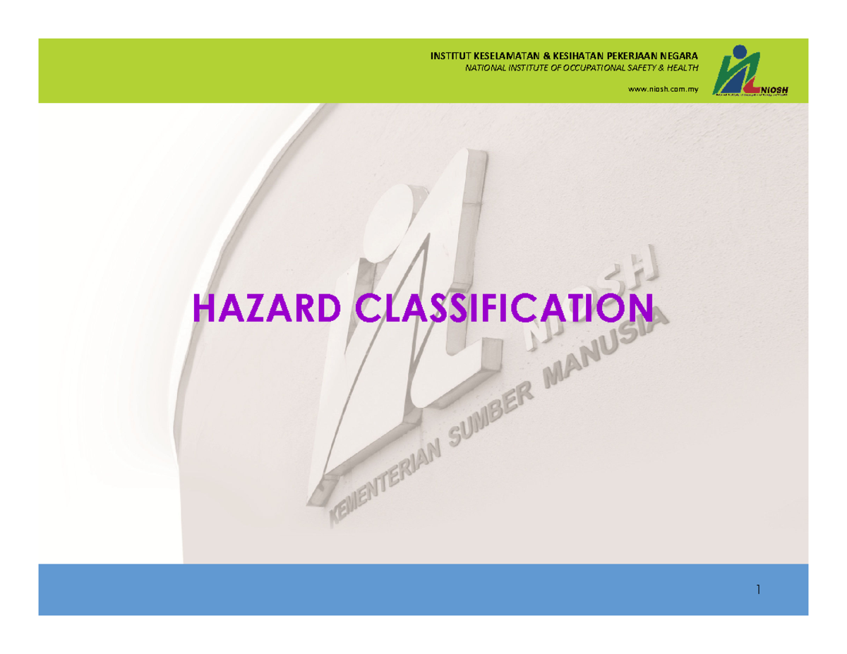 02Hazard Classification INSTITUT KESELAMATAN & KESIHATAN PEKERJAAN