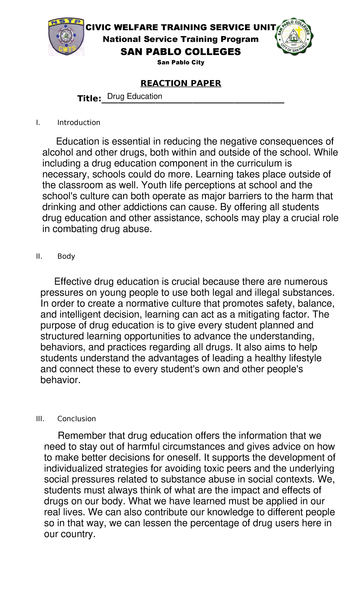 reaction paper about drug education