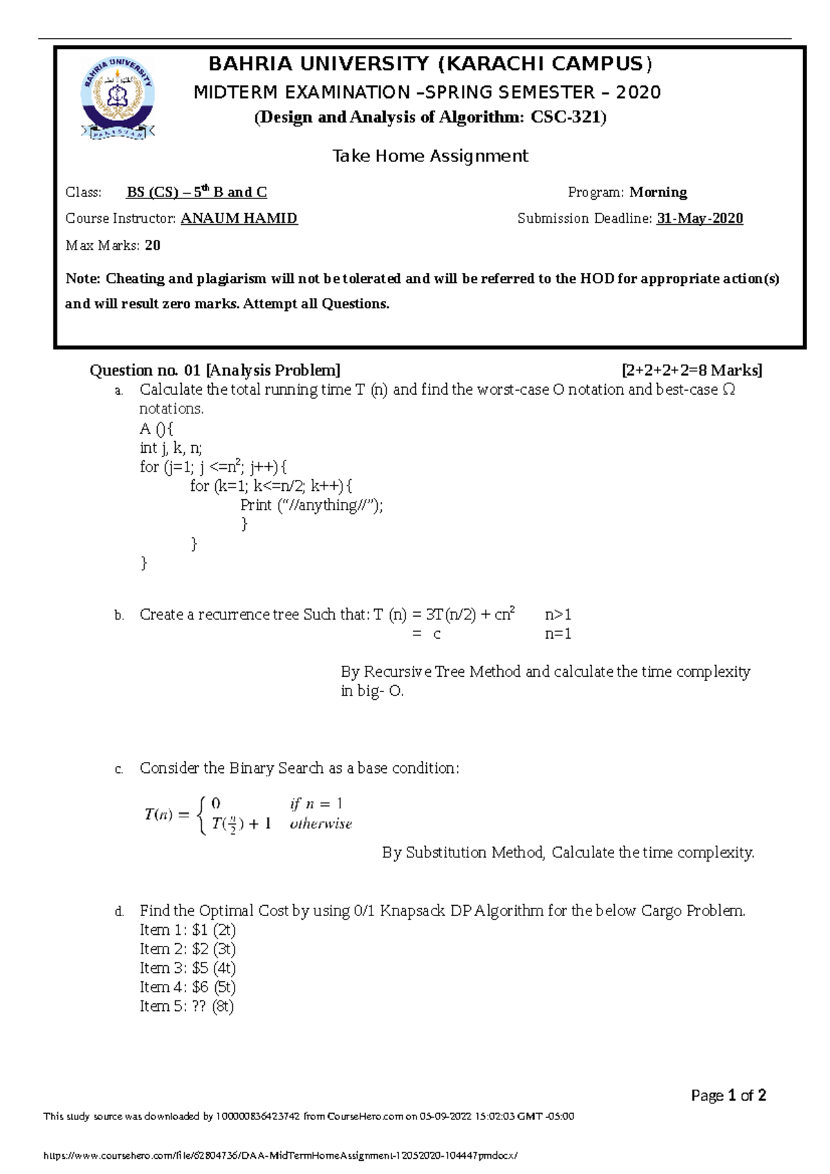DAA Mid Term Home Assignment 12052020 104447 pm - Question no. 01 ...