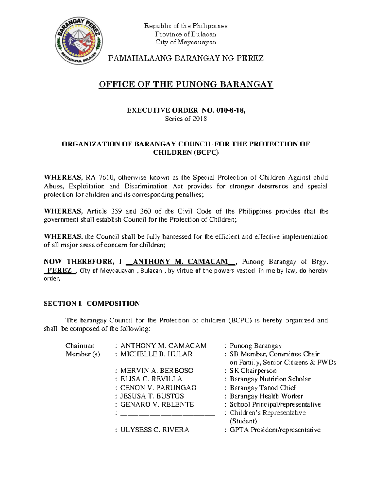 Executive Order No 010-08-18 BCPC - Republic Of The Philippines ...