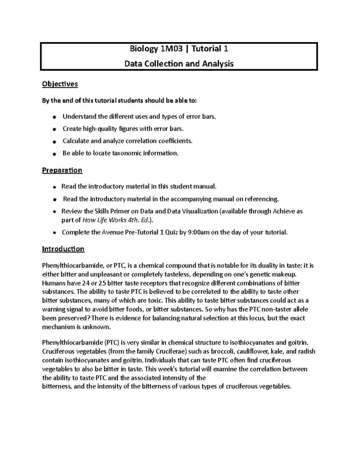 Tutorial 1 Data Collection and Analysis - F23 - Biology 1M03 | Tutorial ...