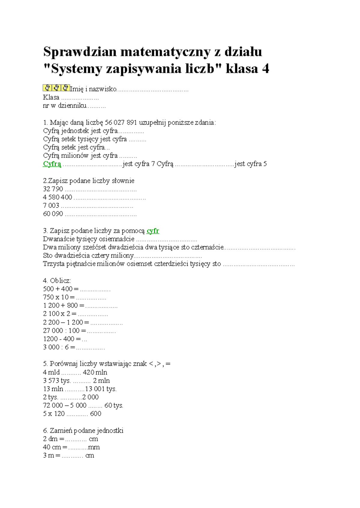System Zapisywania Liczb Klasa 4 Sprawdzian www.studocu.com
