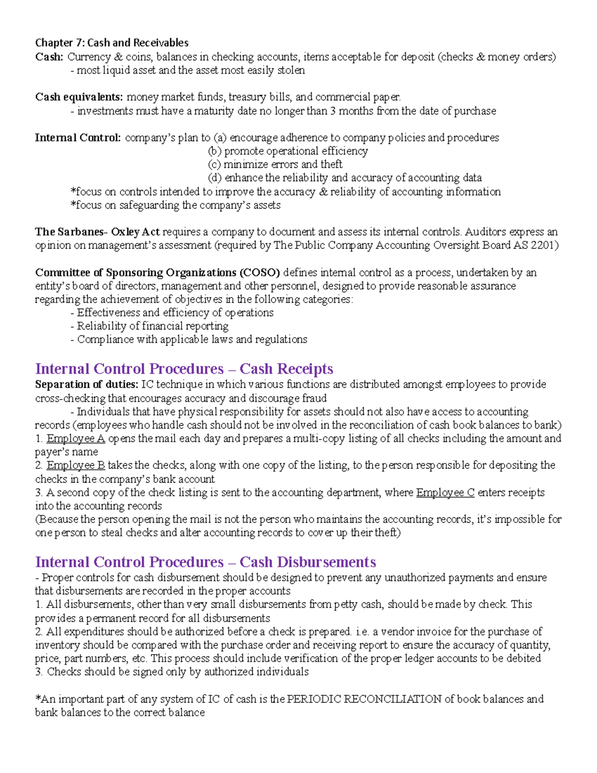 Detailed notes for chapter 7 - Chapter 7: Cash and Receivables Cash ...