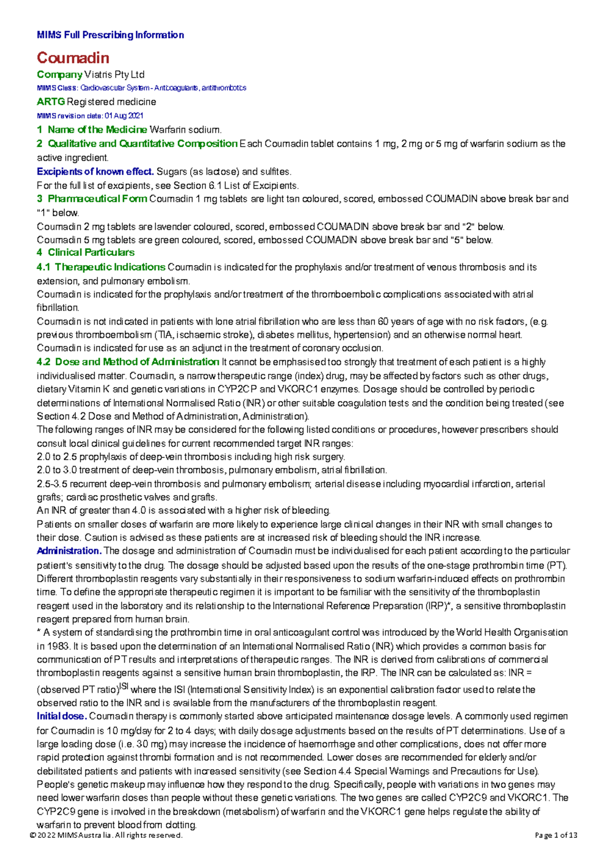 Warfarin nursing drug study nursing MIMS Full Prescribing Information Coumadin Company Viatris