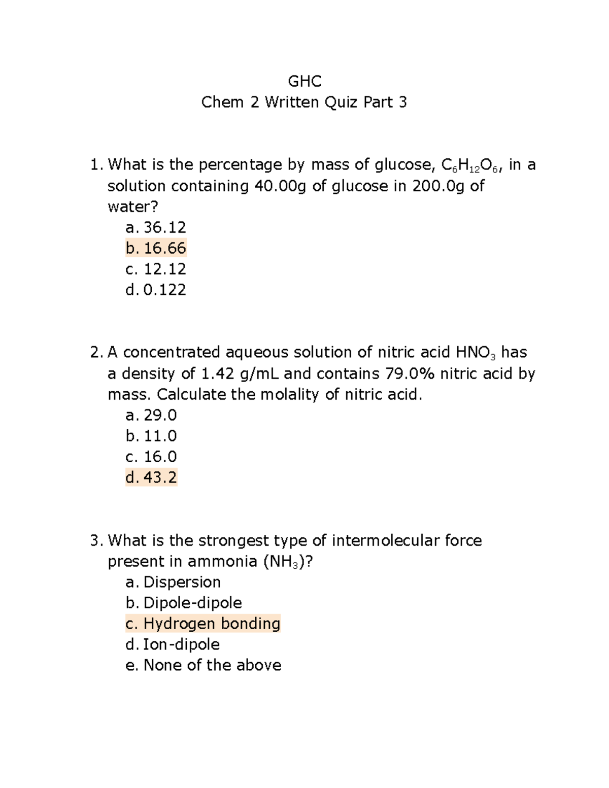 GHC Chem 2 Written Quiz Part 3 - 36. b. 16. c. 12. d. 0. A concentrated ...
