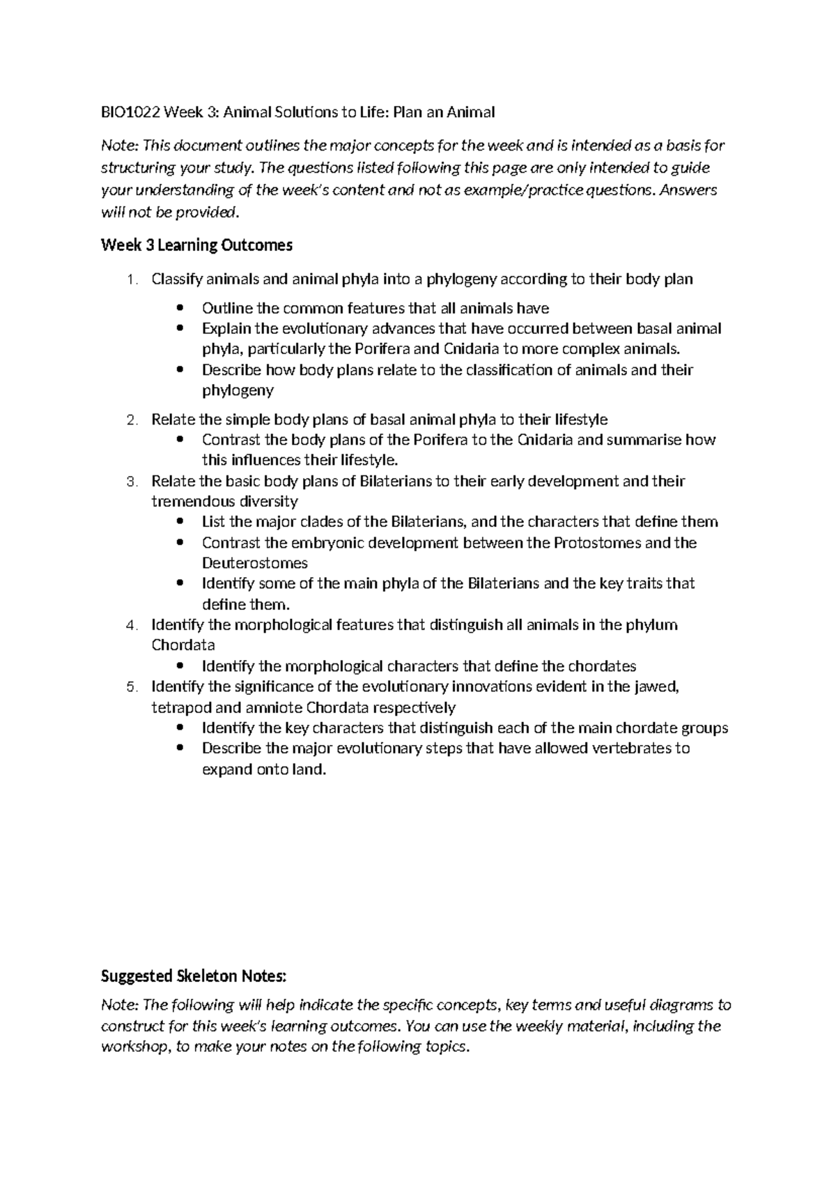 BIO1022 Week 3 Study notes - BIO1022 Week 3: Animal Solutions to Life ...